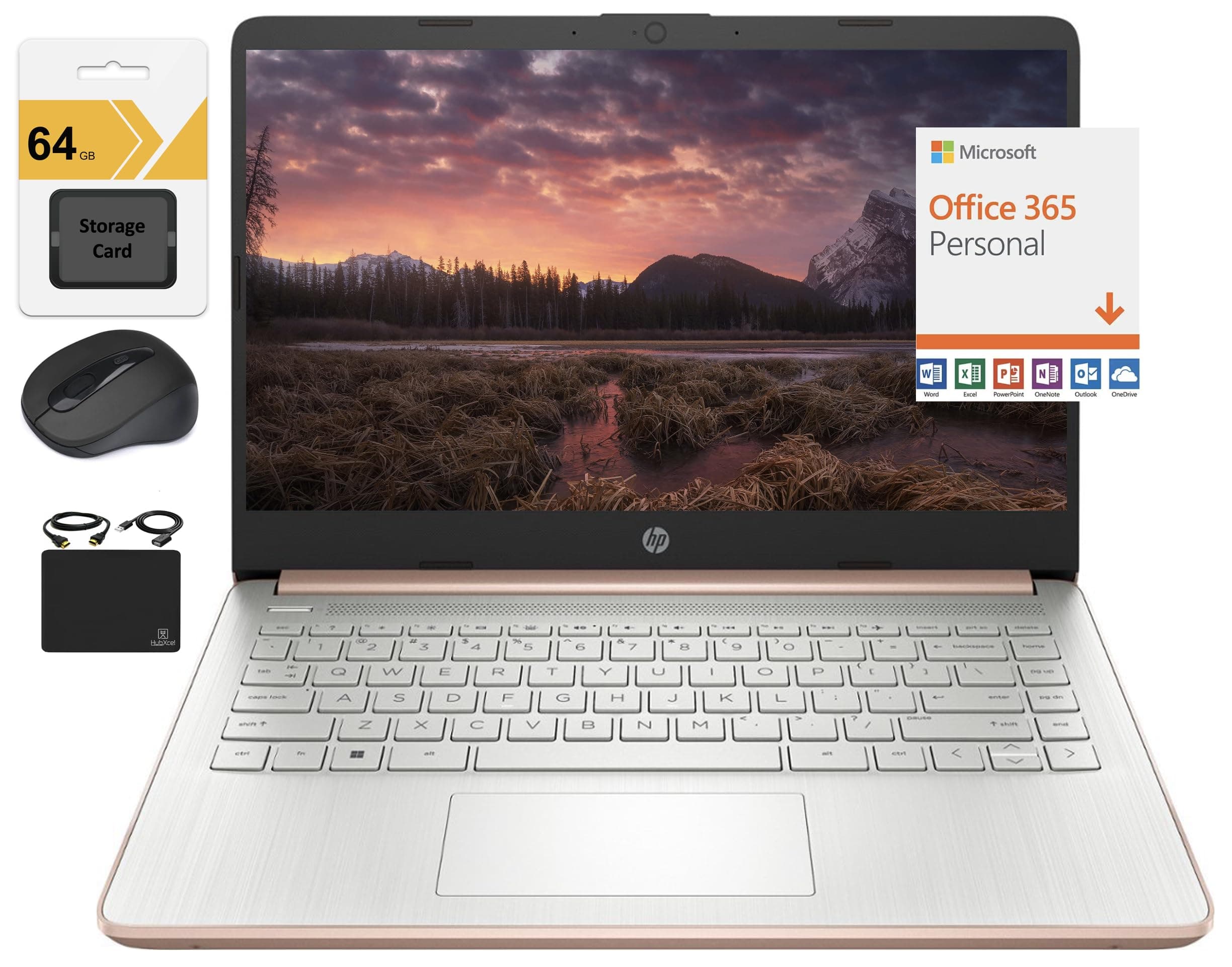 New 14" HD Ultra Light Thin Laptop, Quad-Core Intel Celeron Processor, 4GB RAM, 128GB (64GB eMMC+ 64GB Card), Wi-Fi, Upto 11 Hours, Windows 11 S + 1 Year Office 365+HubxcelAccessory, Rose Gold