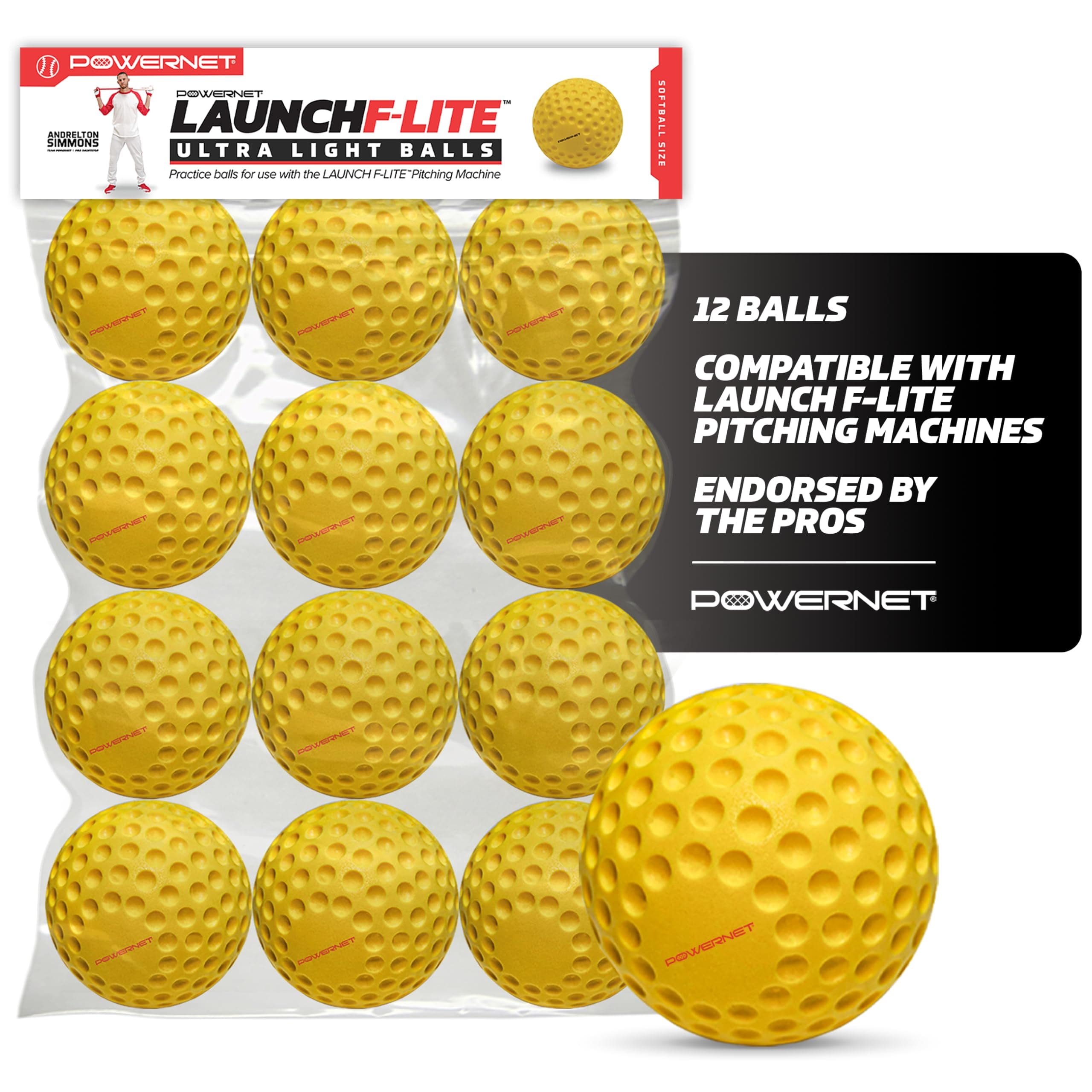 PowerNet Launch F-lite Ultra Light Dimpled Practice Balls for Pitching Machine, One Dozen, Baseball and Softball Available