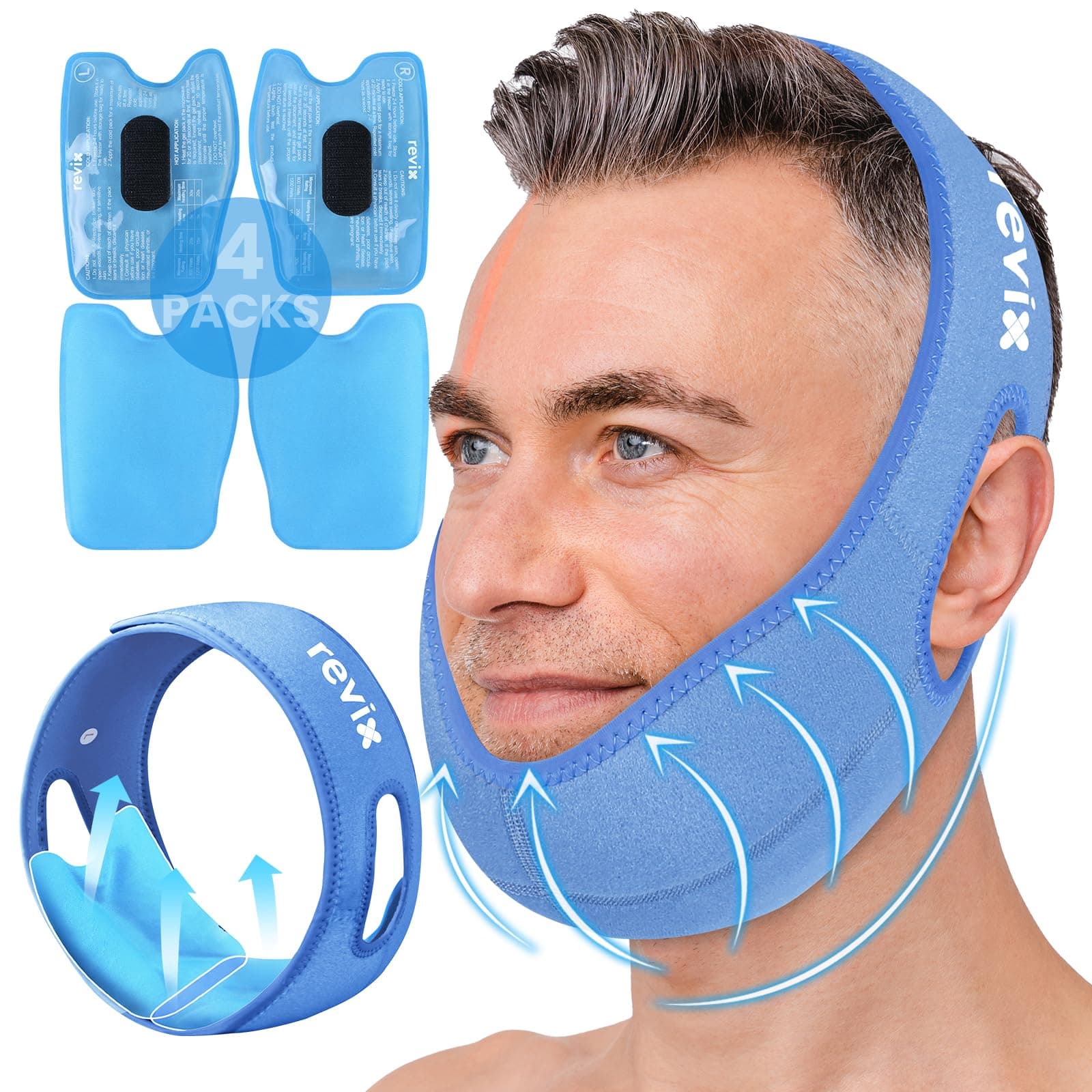 REVIX Face Ice Pack for Wisdom Teeth, 3D Sewing Ice Pack Head Wrap for TMJ Discomfort, Jaw Soreness, Dental Caries and Tooth Extraction, Extra Snug Fit with 4 Hot and Cold Pads, Blue