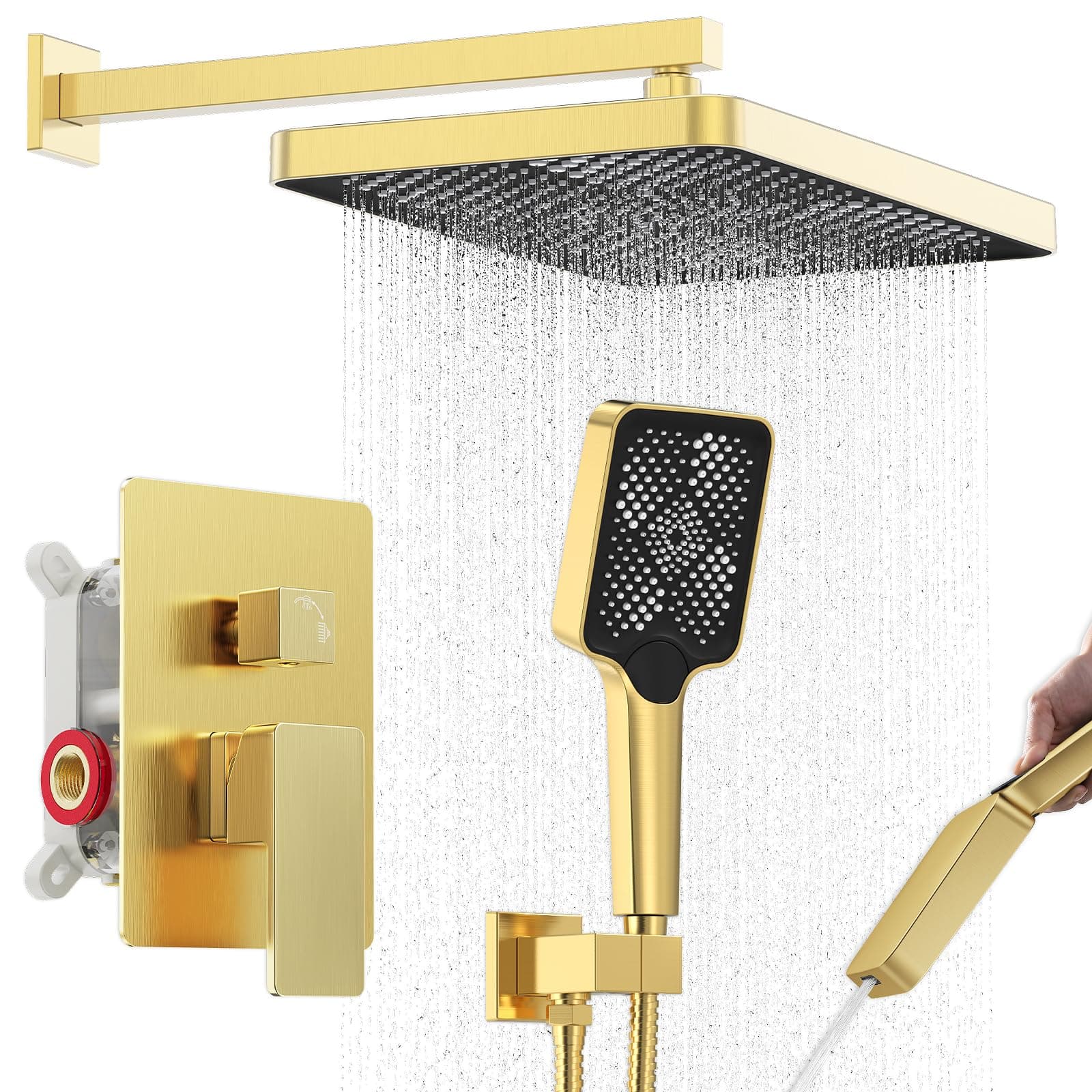 Iriber Gold Shower System Wall Mount with Rainfall Shower Head and Handheld,Shower Faucet Set Mixer Trim Kit (Valve Included),Brushed Gold