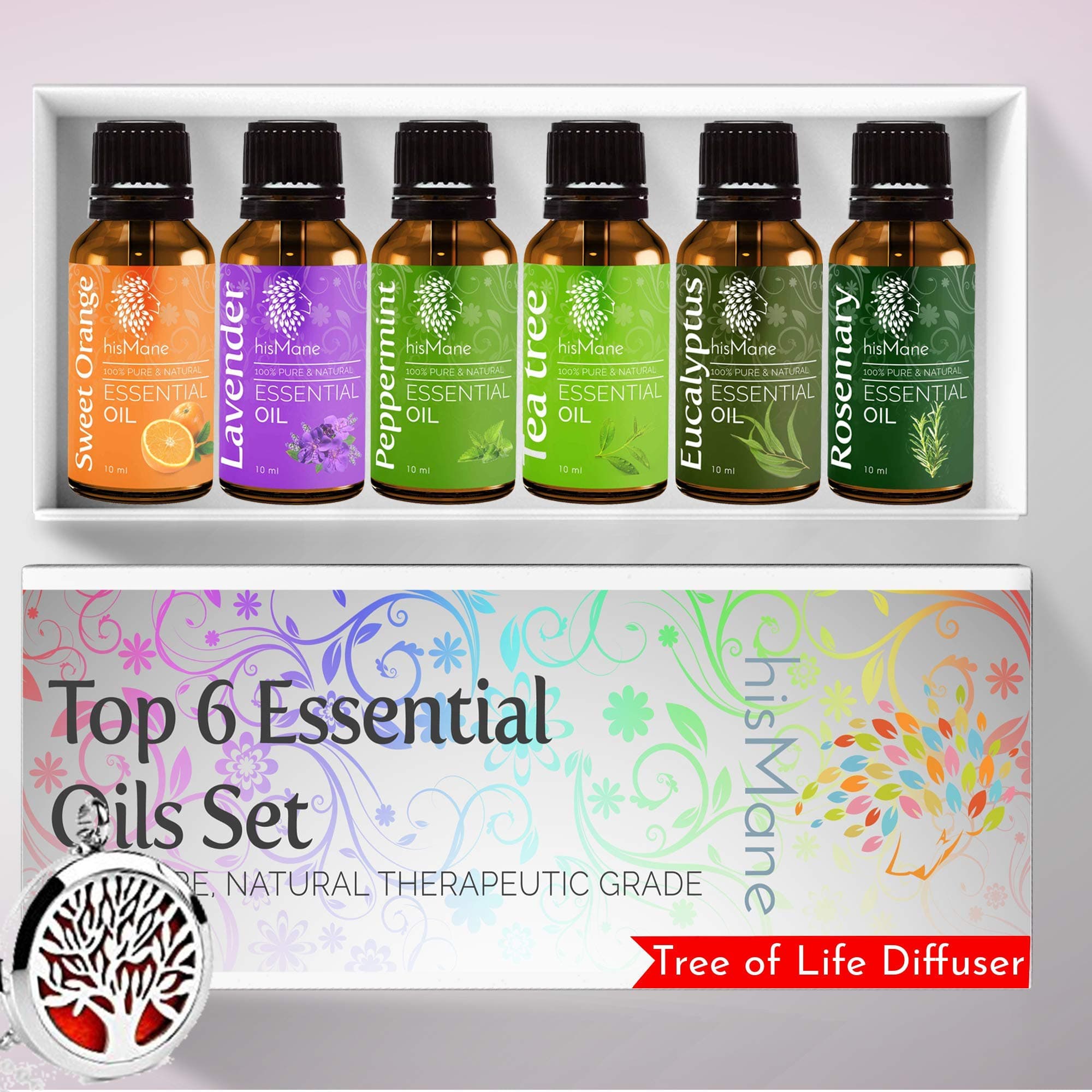hisMane Top 6 Aroma Essential Oils & Diffuser Necklace Set, Peppermint, Sweet Orange, Eucalyptus, Tea tree, Lavender and Rosemary Essential Oils for Skin, Hair, Oil Diffuser and Aromatherapy.