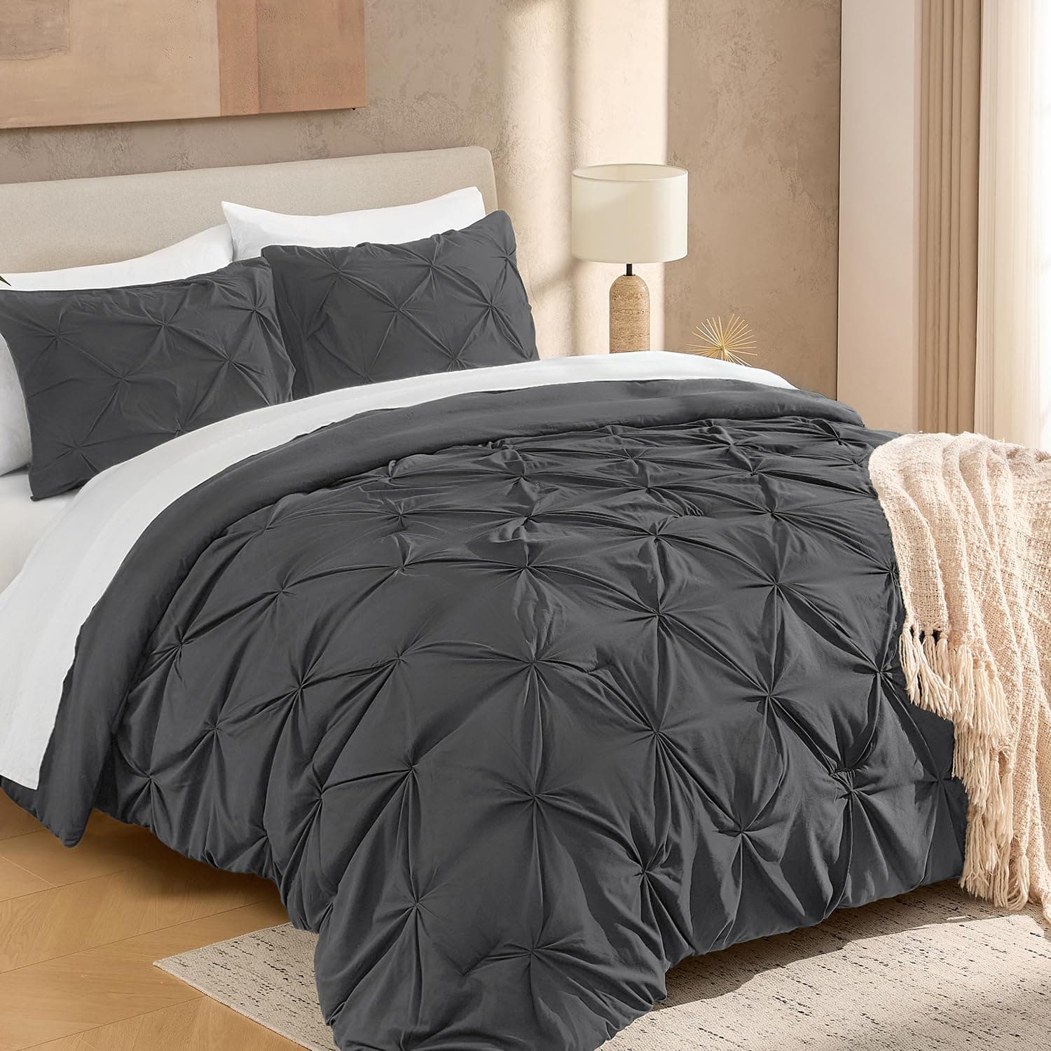 Dark Grey King Size Comforter Set, 3 Piece Gray Pinch Pleat Fluffy Lightweight Bedding Set, All Season Soft Microfiber Bed Set