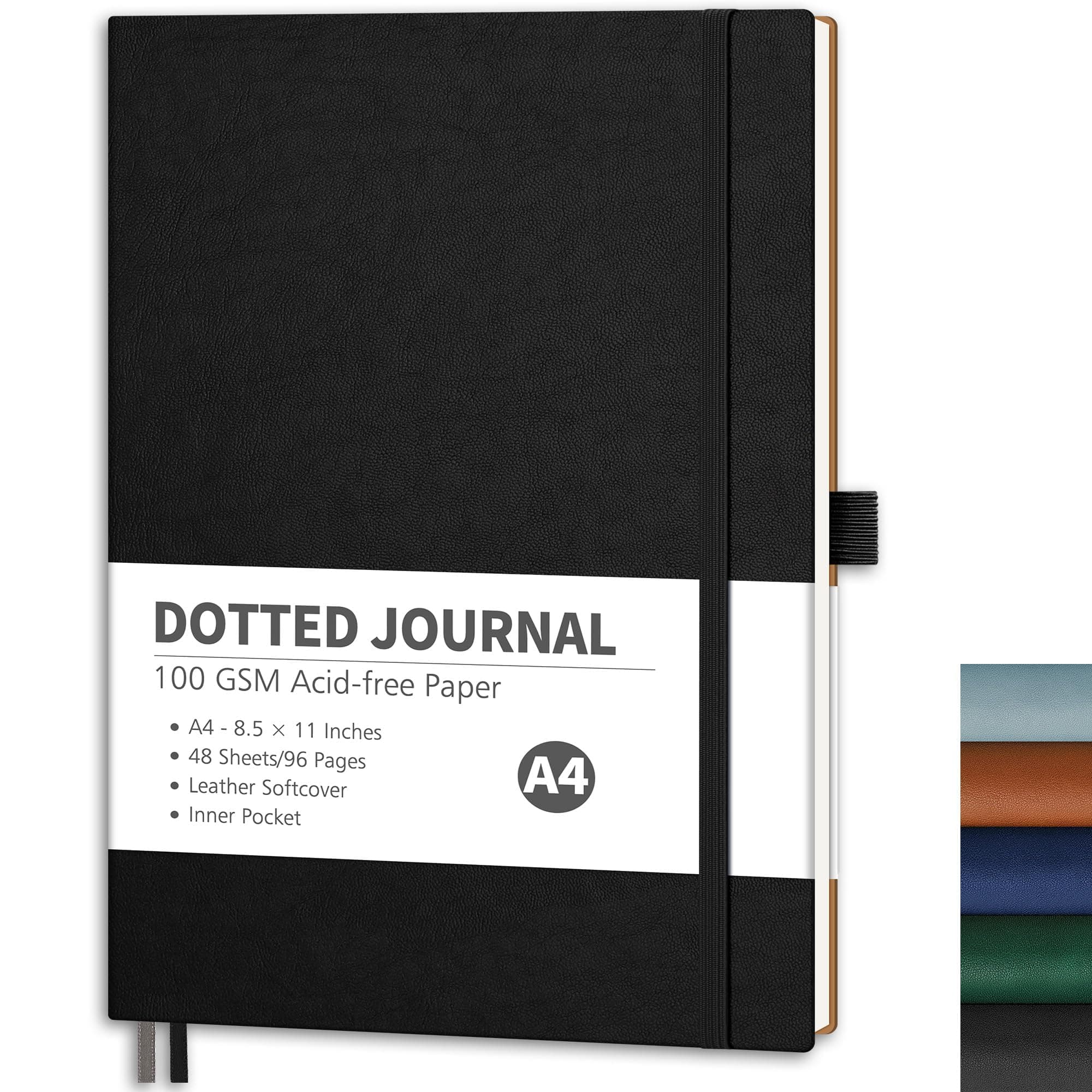 RETTACY Dotted Journal Notebook, 96 Pages, A4 Large Size (8.5'' x 11''), Leather Softcover, 100 GSM Thick Paper, for Journaling, Planning, Tracking (Black)