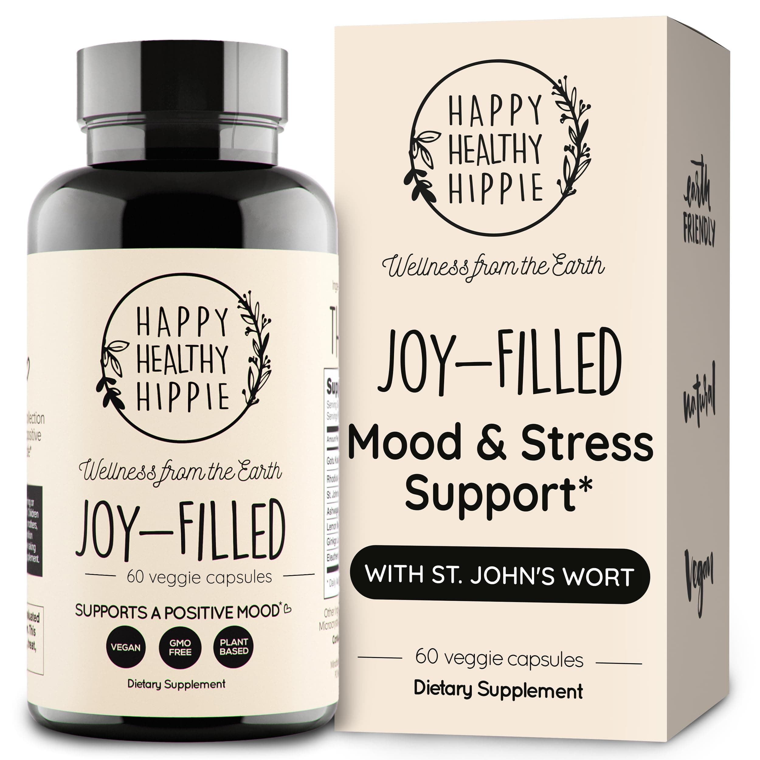 Joy-Filled Mood Support Supplement - 7 Herb Complex + St. Johns Wort | Stress Relief – Helps Calm The Mind & Body | 100% Plant-Based Happy Pills, Ashwagandha, Rhodiola Rosea | Adaptogens, 60 Ct