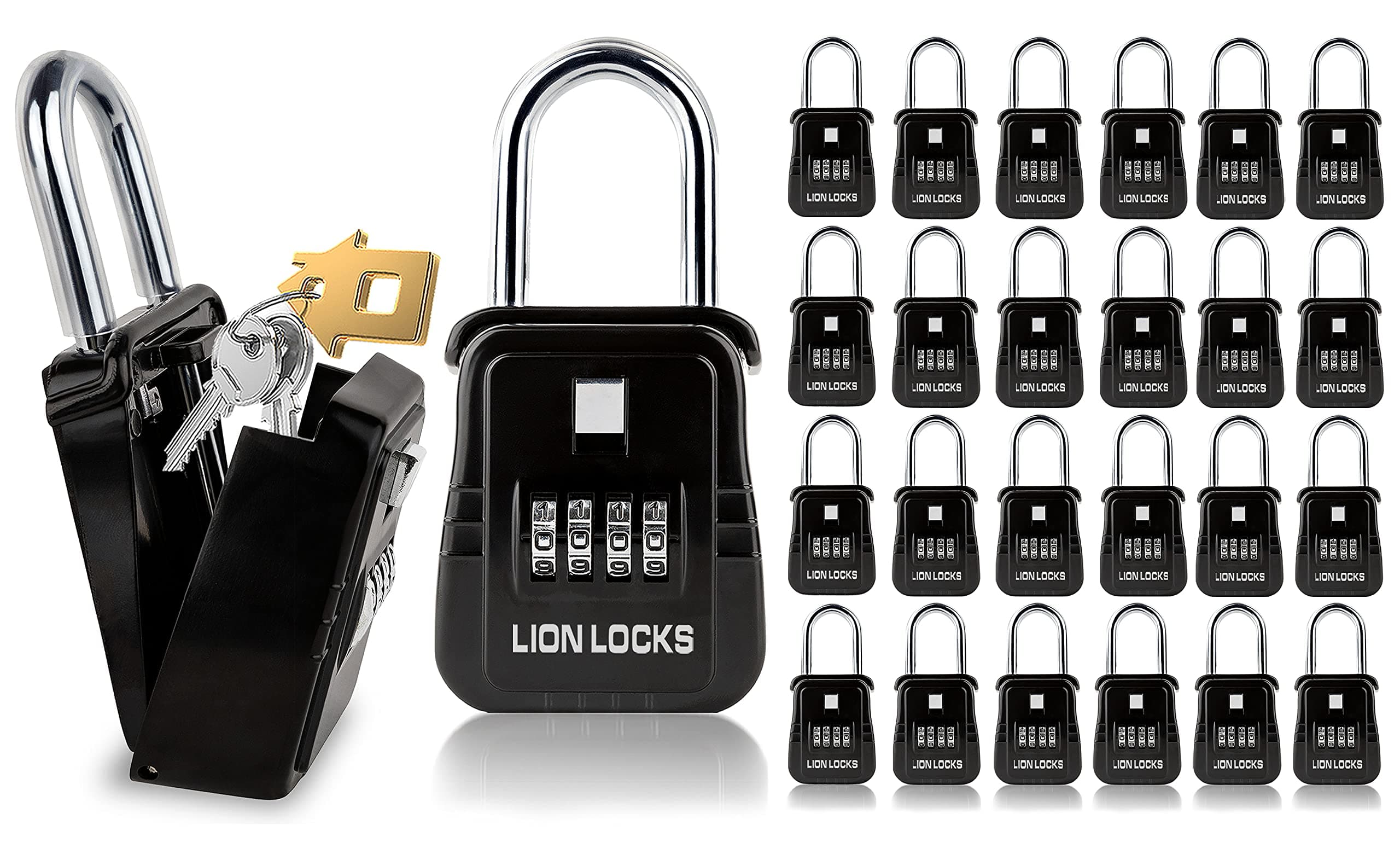 Lion Locks 1500 Key Lock Box with Code, Lockbox for Keys Outdoor, Realtor Lock Box for Short-Term Rentals, Holds 5 Keys (24 Pack, Black)