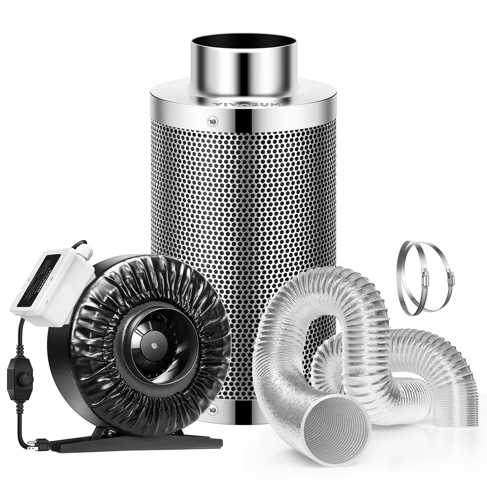 VIVOSUN Inline Duct Fan 4 Inch 203 CFM with Speed Controller and Leather Sheath, 4 Inch Carbon Filter and 8 Feet of Ducting, Air Filtration Combo for Grow Tent Ventilation