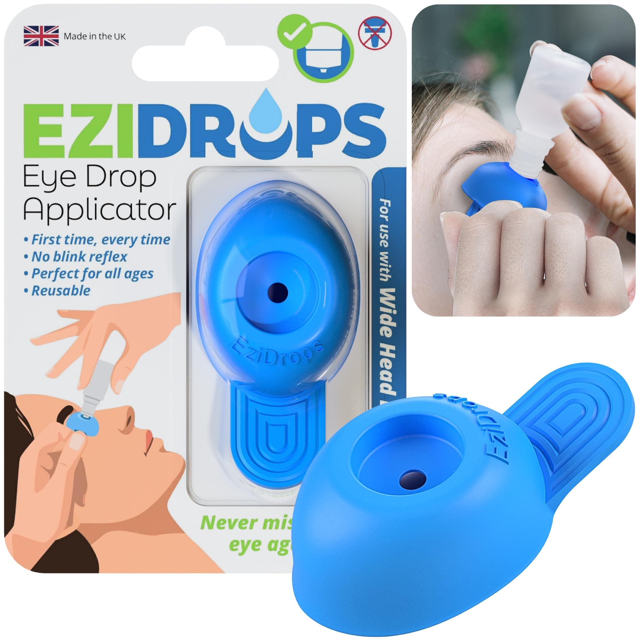 Eye Drop Applicator for Flat & Wide Head Bottles – Blink Reflex Stopper for Precise Eye Drops Application – Reusable & Portable Eye Dropper Tool for Kids, Adults & Seniors (Blue)