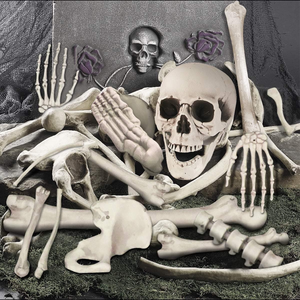 Halloween Skeleton Bones and a Skull - Plastic Life-Size Bones Set Yard Decoration - Props for Graveyard Haunted House Indoor & Outdoor Deco (35PCS)