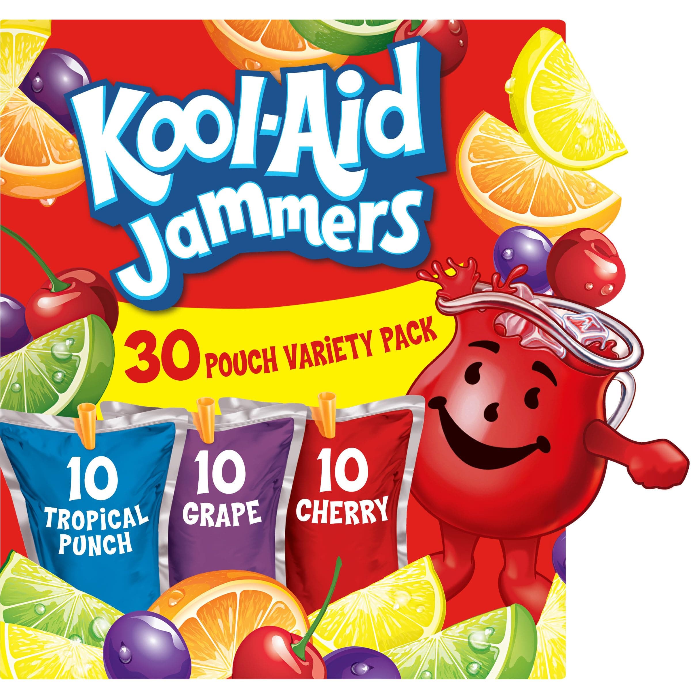Kool-Aid Jammers Tropical Punch, Grape & Cherry Flavored 0% Juice Drink Variety Pack, 30 ct Box, 6 fl oz Pouches