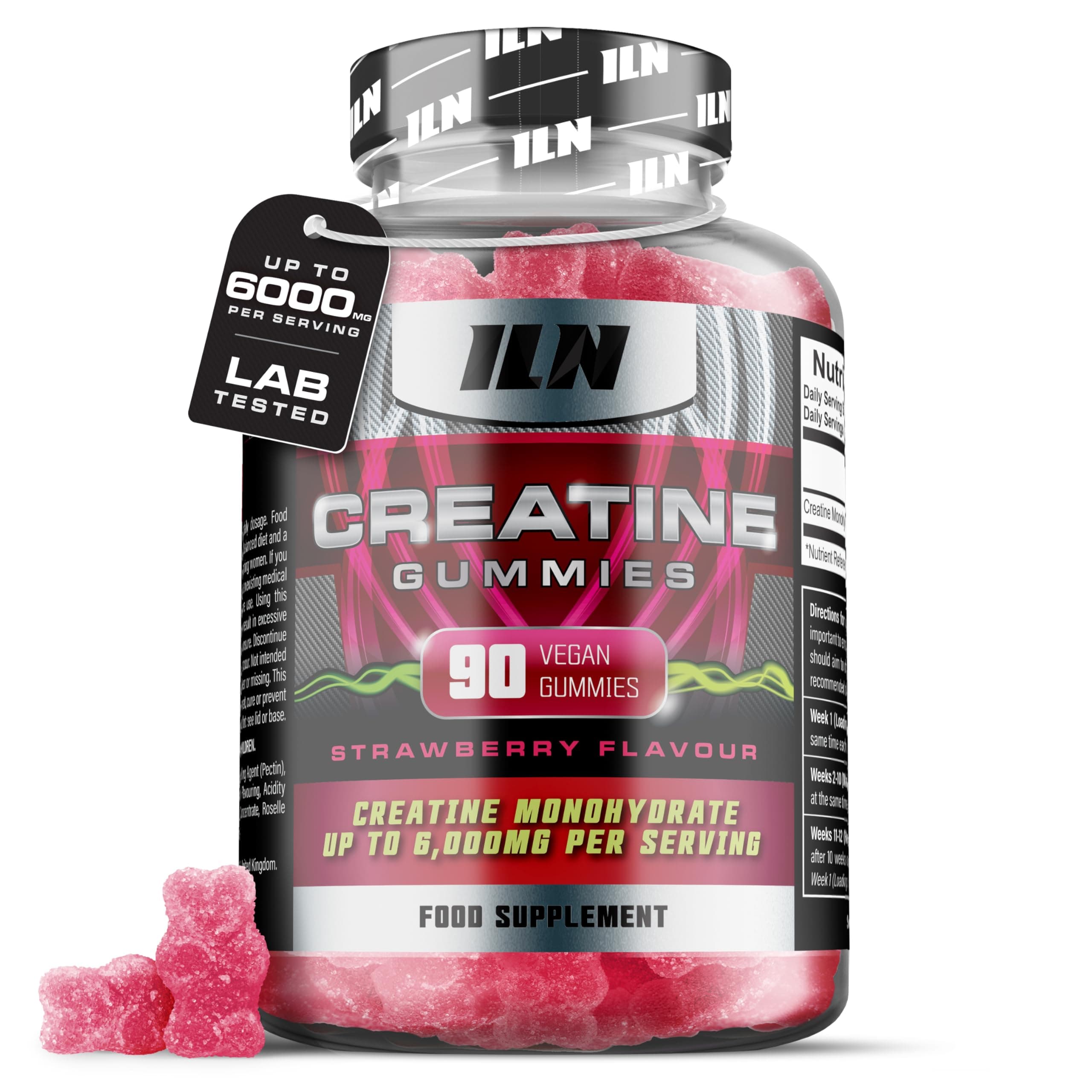 Creatine Gummies 6000mg per Serving – Lab-Tested Creatine Monohydrate Gummies – Strawberry Flavour Gummy Bears – High Strength for Men and Women (90 Count, Vegan)