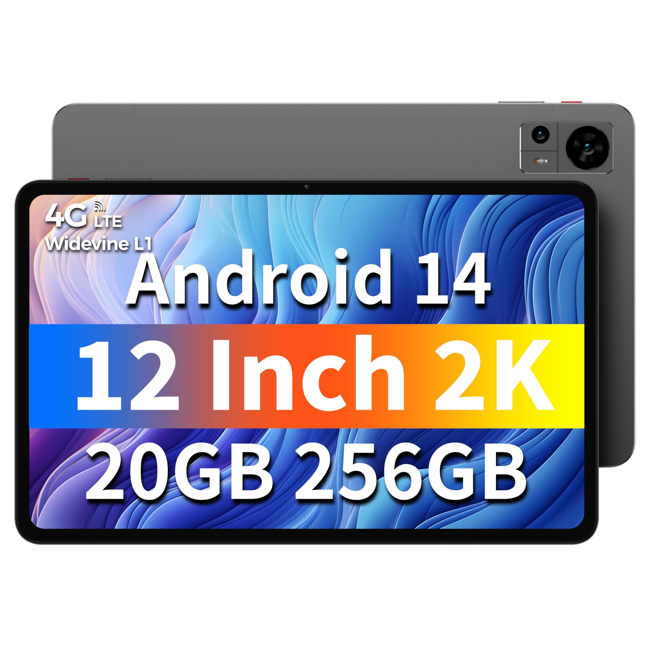 Tablet 12 inch Android 14 Tablets, T60 with 256GB Storage(Expand to 1TB), Unisoc T616 CPU, 8000mAh +18W PD Fast Charger, 4 Speakers, 5G WiFi+4G LTE, Dual 13MP Camera,GPS