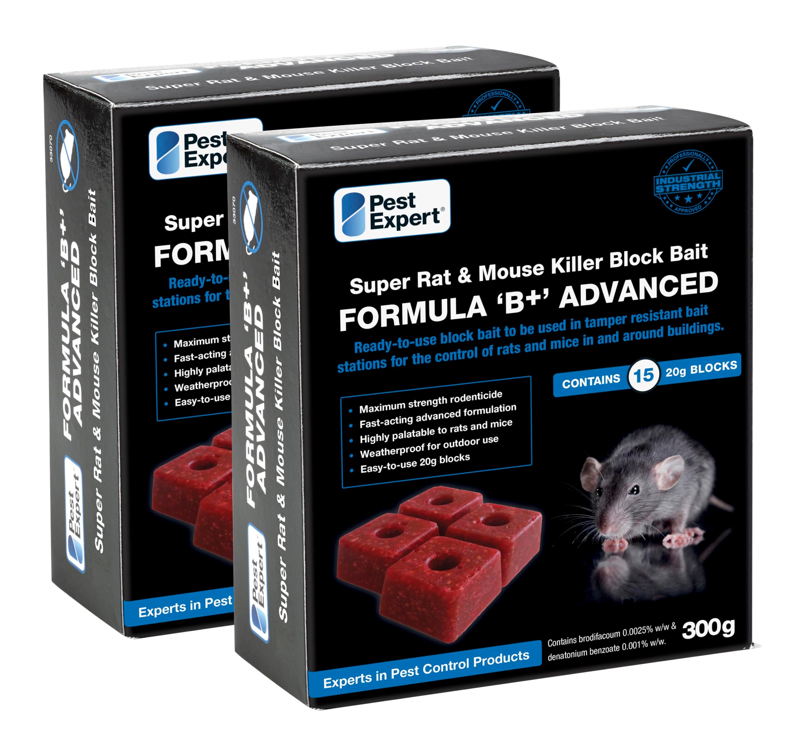 Formula 'B+' Advanced Rat & Mouse Killer Poison Bait Blocks Super Strength 600g (2 x 300g) - Premium Single Feed Brodifacoum, Strongest Available Online (1)