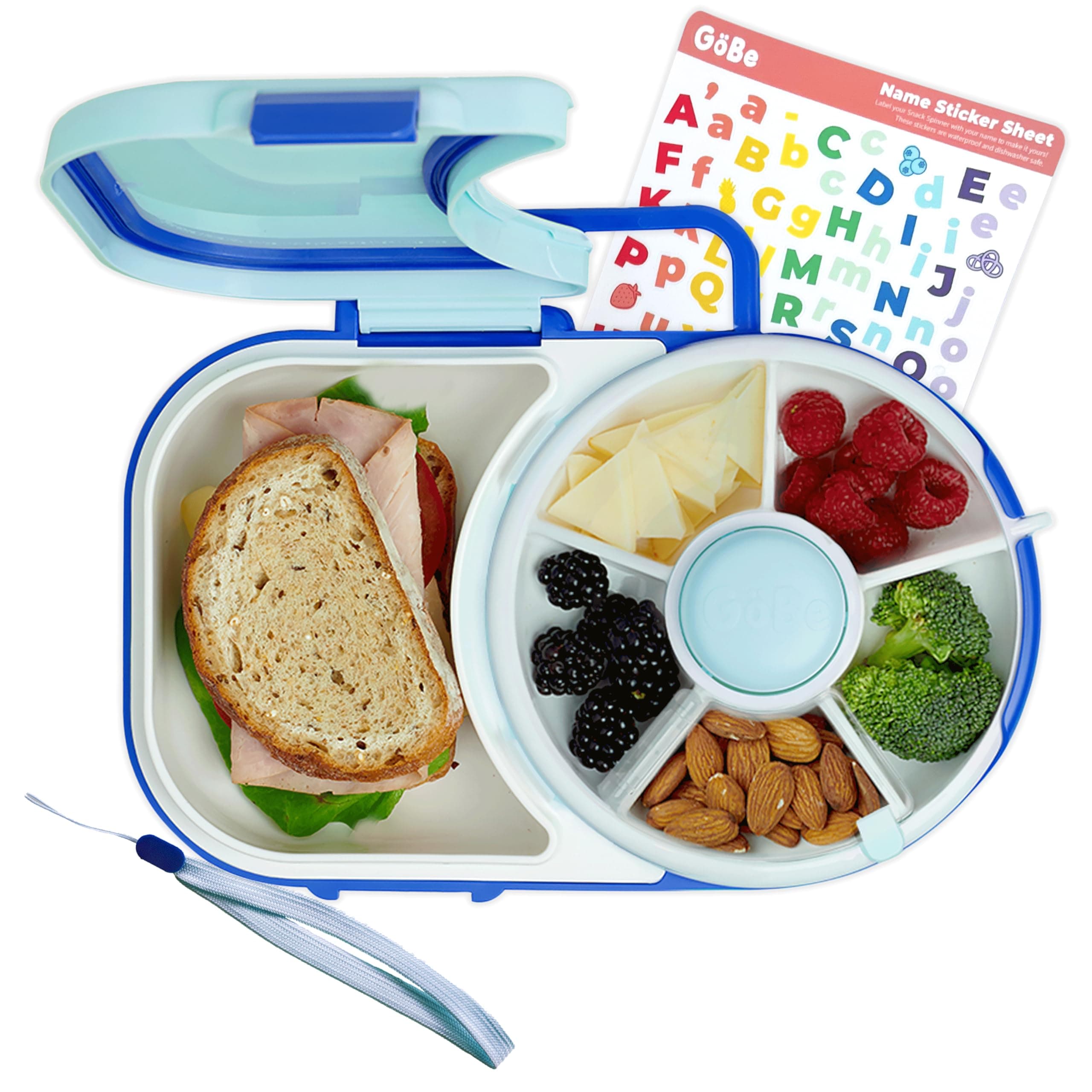 Kids Lunchbox with Small Snack Spinner Flip - Bundle with Hand Strap & Sticker Sheet, 2-in-1 Bento Style Lunch Container, 5 Small +1 Large Sandwich Compartment, BPA & PVC Free- Macaron Blue