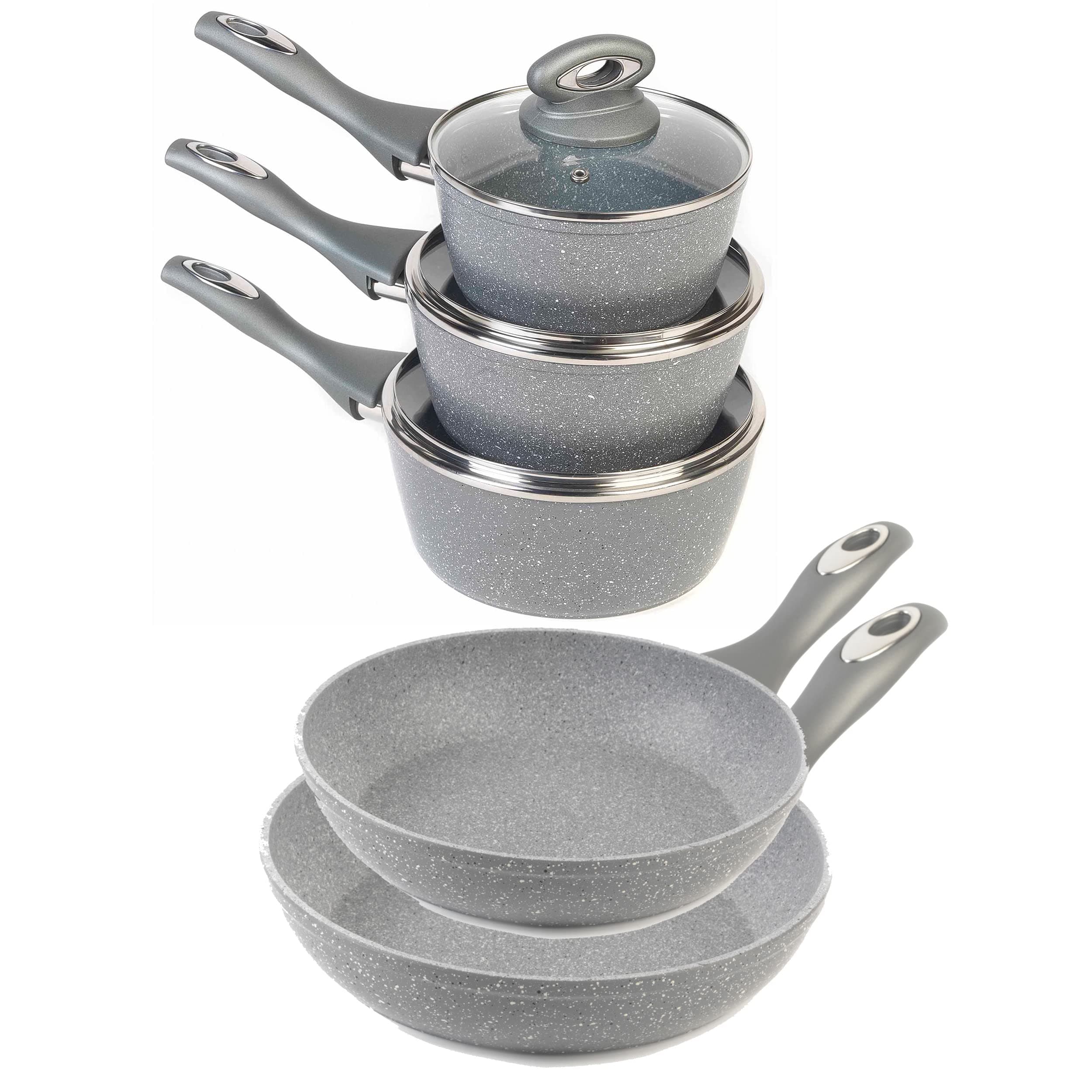 COMBO-6440 Pot and Pan Set, 5 Piece with 16/18/20cm Saucepans, 20/24cm Frying Pans, Non-Stick, Induction Suitable, Cooking Pots with Lids, Forged Aluminium, Marblestone Collection, Grey