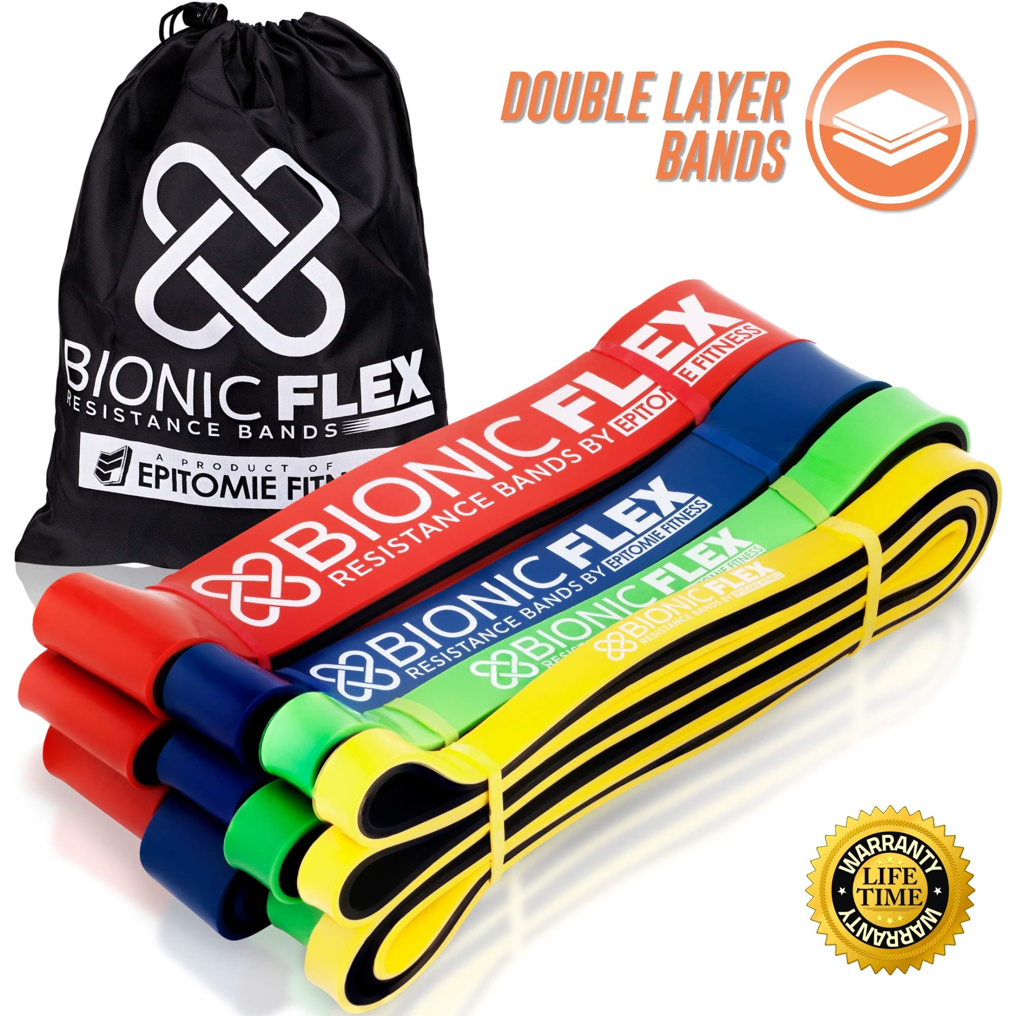 Bionic Flex Pull Up Assistance Band – Premium Dual Layer Pull Up Assist Bands for Strength Training Exercise, Physical Therapy, Powerlifting, Stretching – Set of 4 Resistance Bands