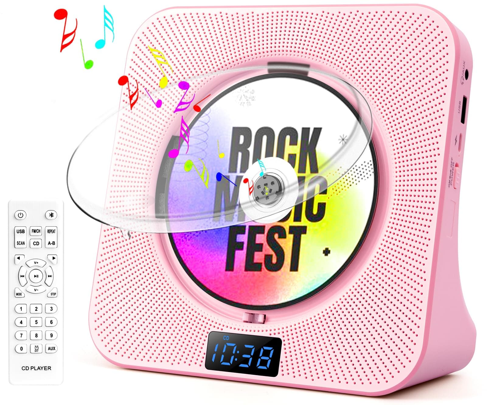 Desktop CD Player with Speakers, ROADOM Bluetooth CD Player with Hi-Fi Stereo Sound, Remote Control, Supports CD/Bluetooth/FM Radio/USB/AUX/Timer/Repeat