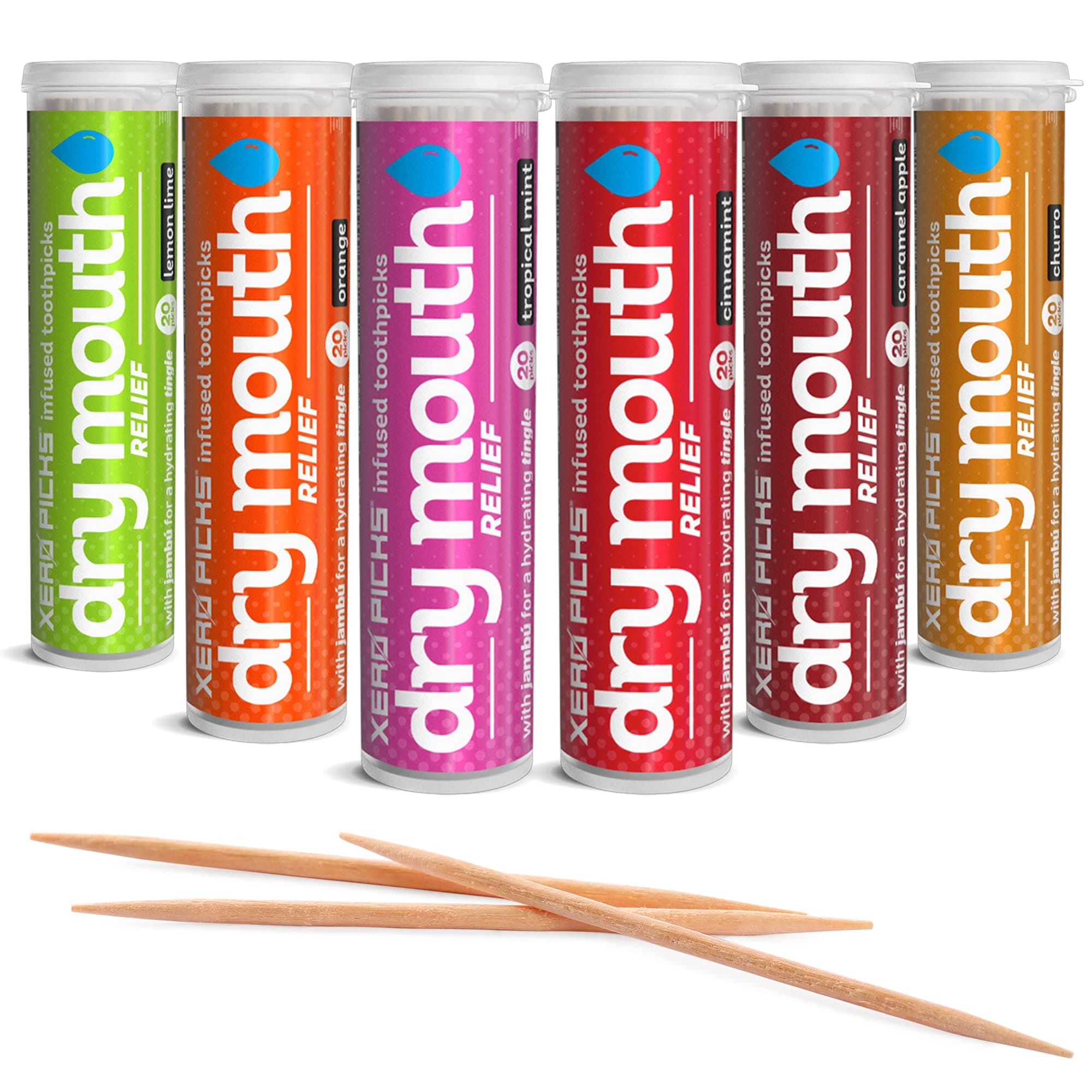 Dry Mouth Toothpicks – Xylitol Infused Flavored Toothpicks for Fresh Breath & Saliva Support – Long Lasting Oral Hydration – Variety 6 Pack (Cinnamon Mint, Churro, Caramel Apple & More)