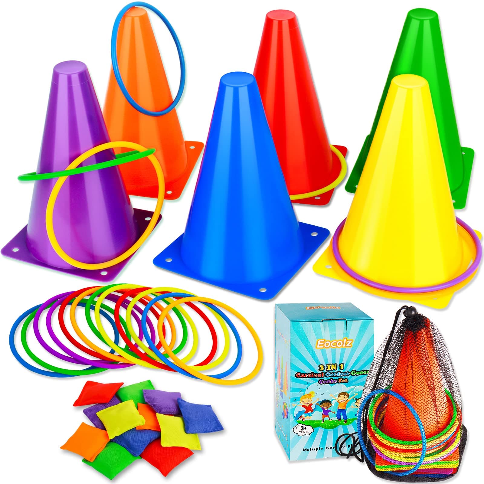 Eocolz 3 in 1 Carnival Games Set, Soft Plastic Cones Bean Bags Ring Toss Games for Kids Birthday Party Outdoor Games Supplies 32 Pcs Combo Set
