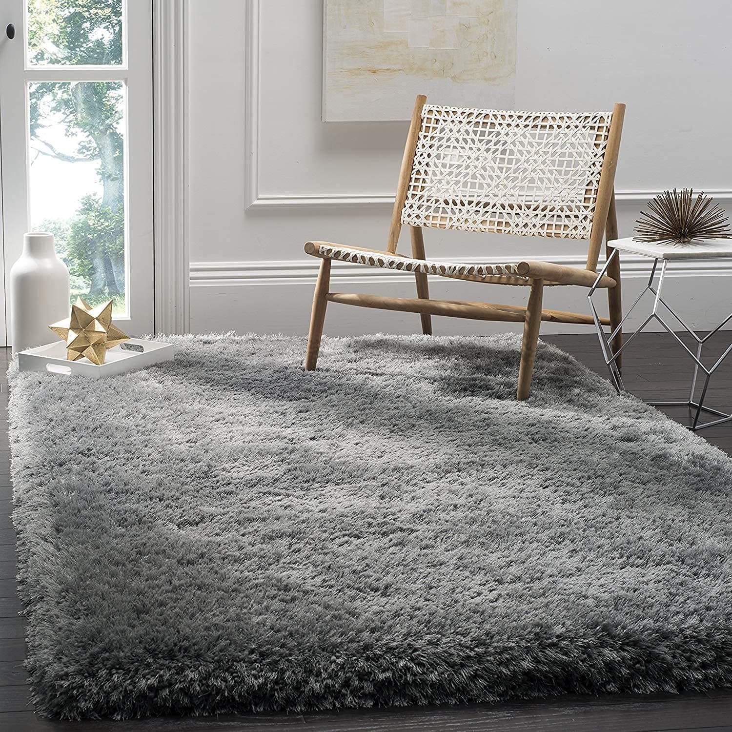 Luxury Shaggy Carpet Solid Plain Fluffy Fur Rectangular Rugs For Hall And Drawing Room 10X12 Feet Microfiber & Polyster Modern Interior Floor Mat Grey