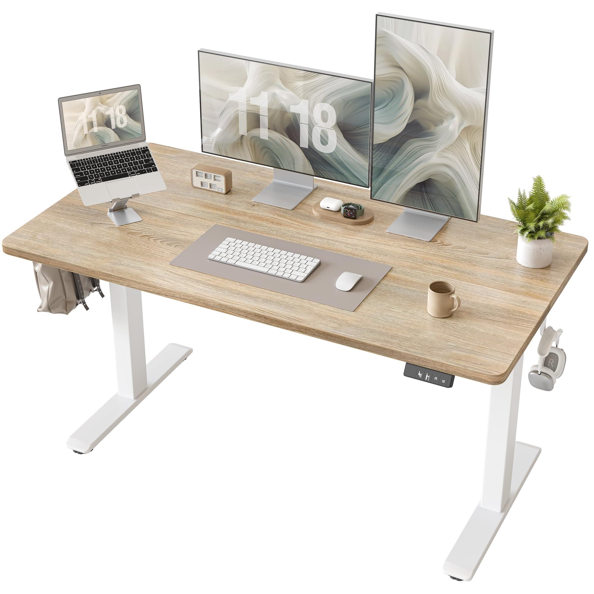 TIQLAB Electric Height Adjustable Standing Desk 47.2×23.6 inch, Sit Stand Desk with Splice Board, Memory Controller, White Frame & Maple Top Computer Workstation for Home Office
