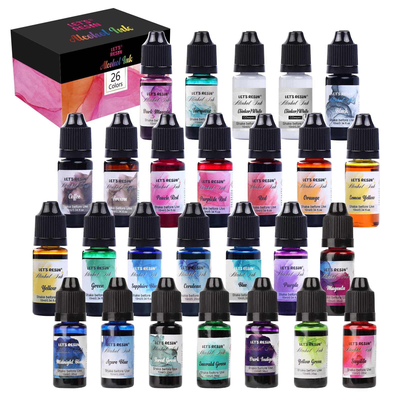 Alcohol Ink for Epoxy Resin LET'S RESIN Concentrated Alcohol Ink Set, 26 Vibrant Colors Alcohol-Based Resin Ink,Alcohol Paint Resin Dye for Resin Art, Tumblers, Resin Epoxy(Each 0.35oz)