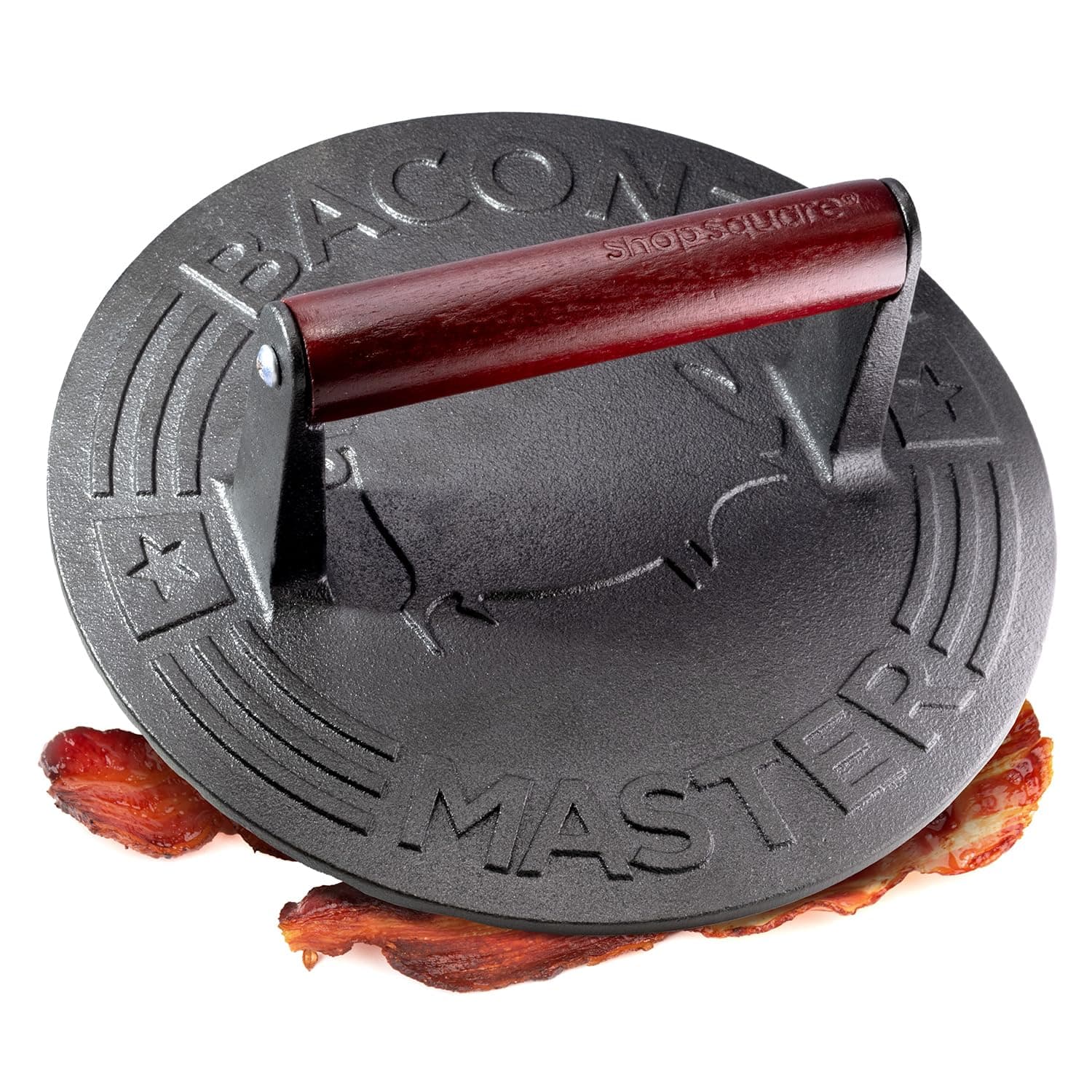 Bacon Master Cast Iron Bacon Press - 8.5-Inch Round Cast Iron Grill Press for Bacon, Burgers and Sandwiches - Bacon Weight with Wood Handle - Food-Grade Meat Press, 3 lbs