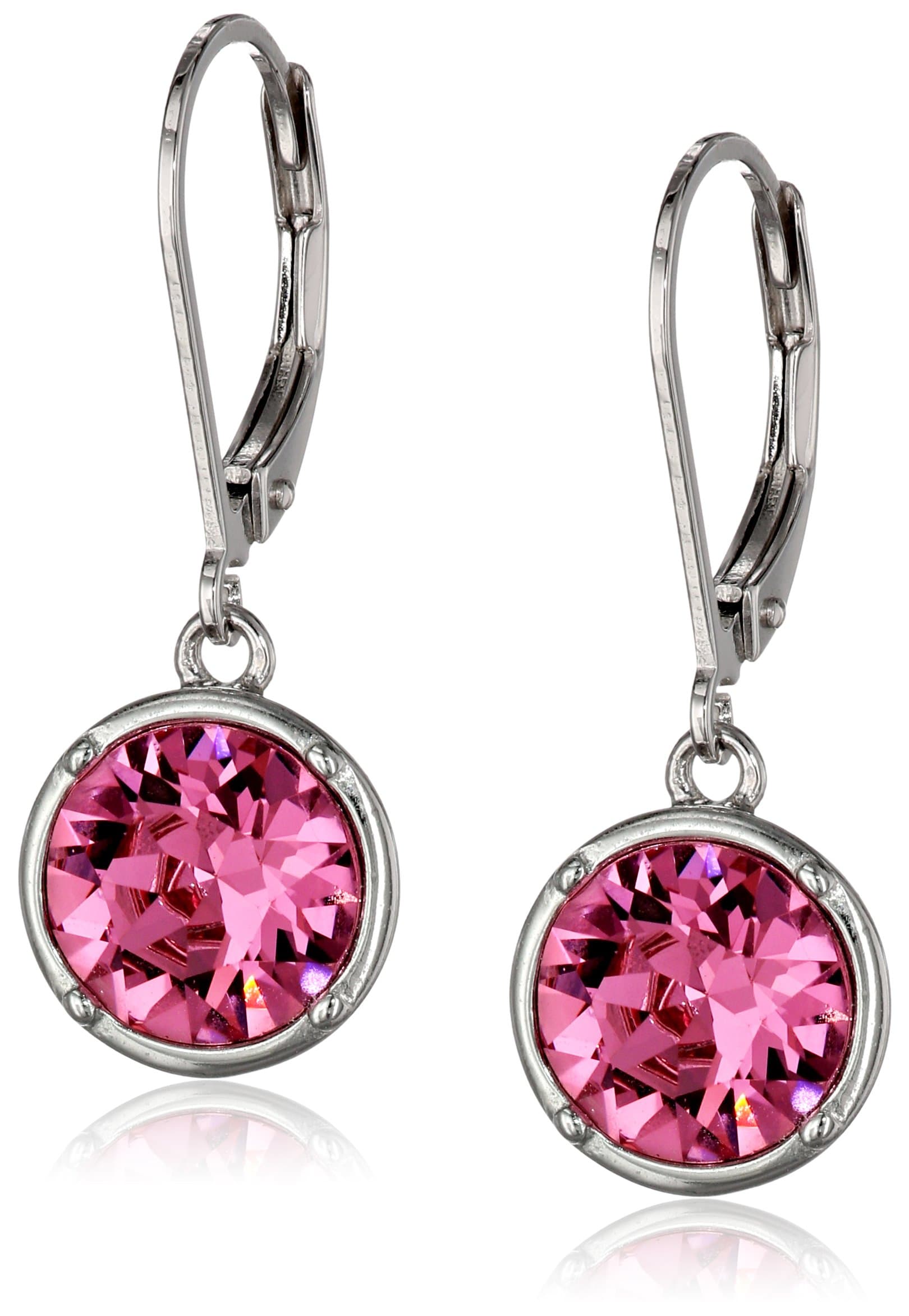 Sterling Silver Bezel Set Round Crystal Lever Back Dangle Earrings