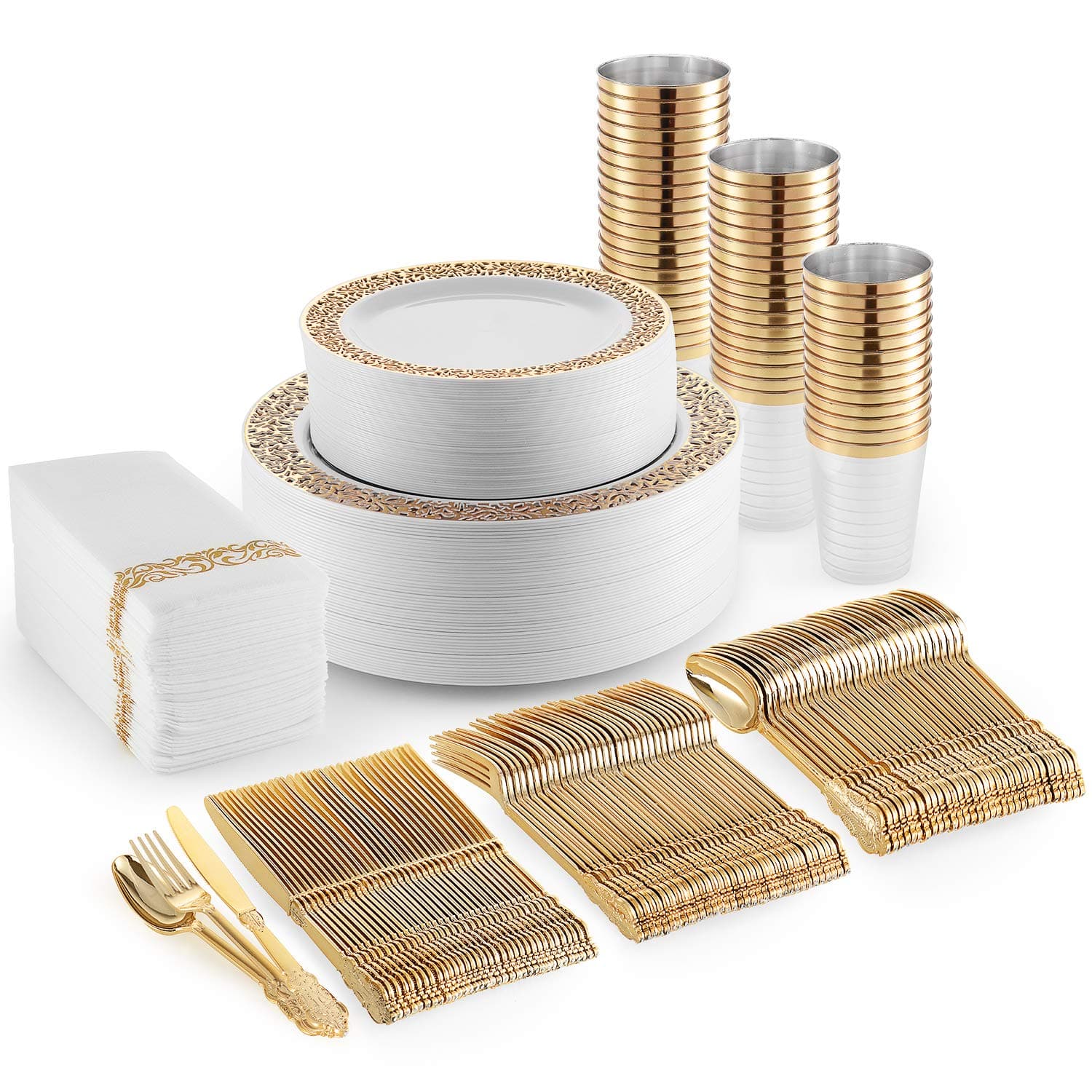 Gold Plastic Dinner Plates, Disposable Dessert Plates, 350 Plastic Dinnerware Set - Cups, Gold Silverware and Napkins - Fancy Disposable Tableware for Weddings, and Parties -Premium Plastic Plates