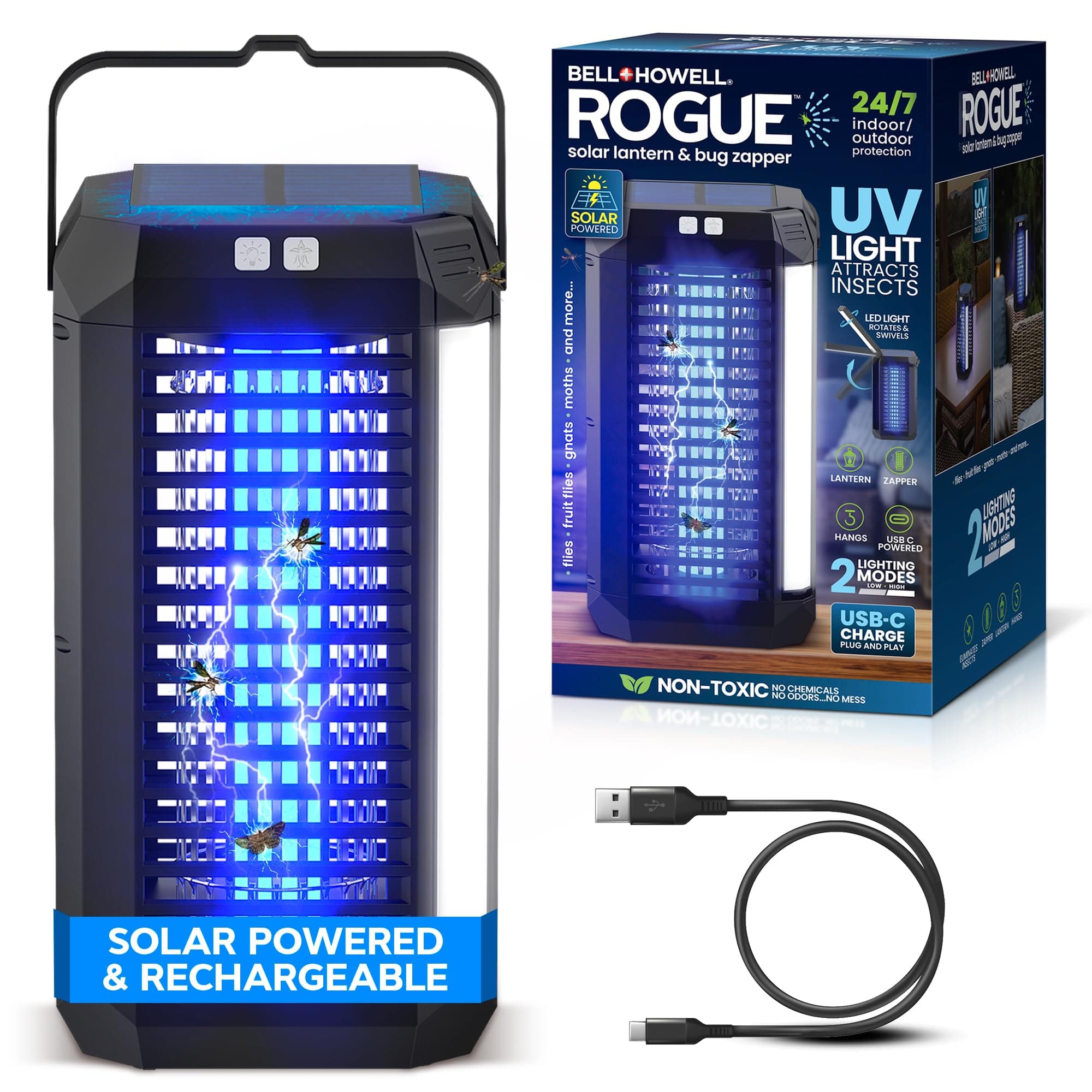 Rogue 2 in 1 Solar Bug Zapper Outdoor and Bug Zapper Indoor Plug in for Mosquito, Fly, Solar Powered & USB-C Rechargeable Camping Lantern, LED Flash Light, High Voltage, Trap Safe for Pets & Kids