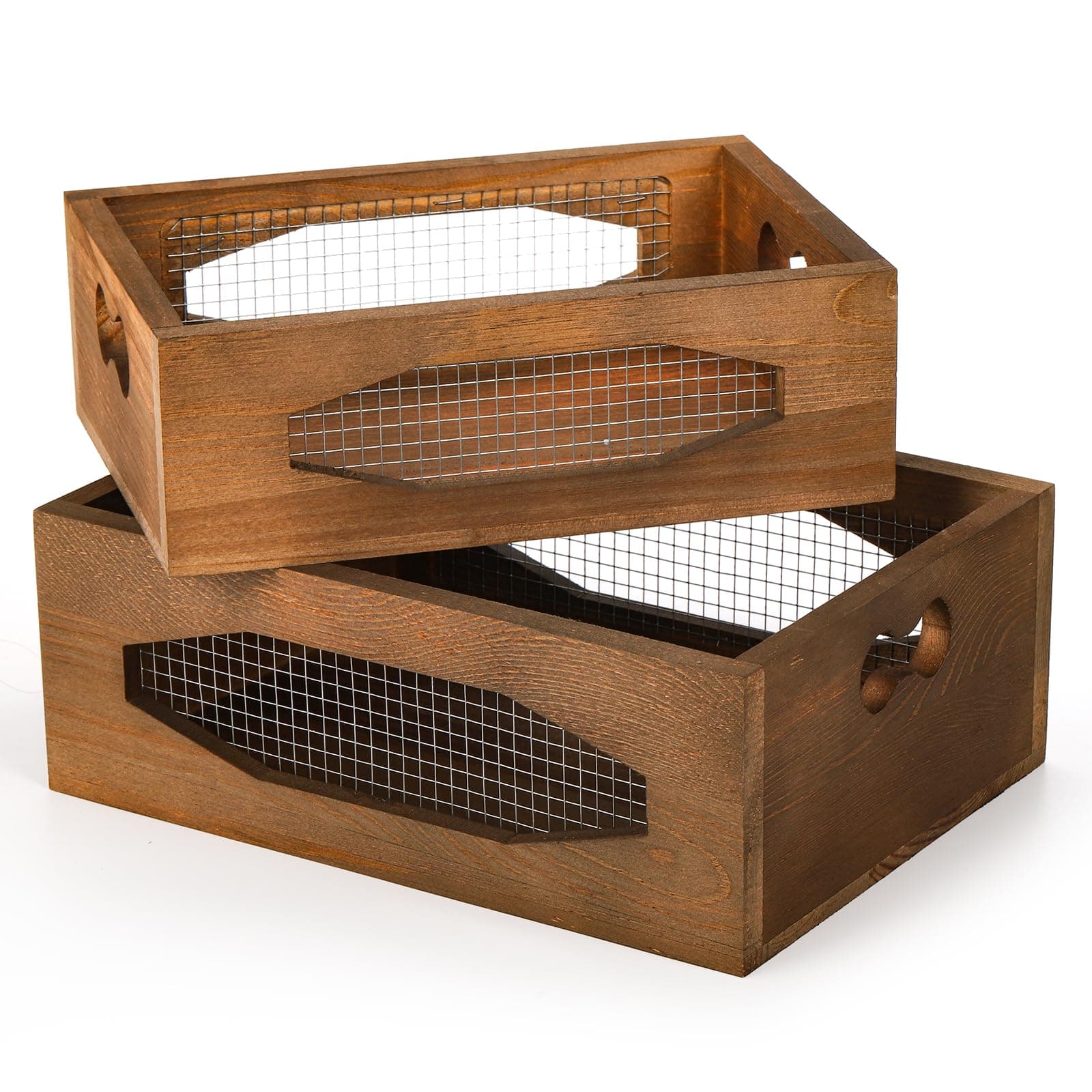 Okllen 2 Pack Wood Nesting Storage Crates with Handle, Decorative Wood Storage Box Farmhouse Rustic Crates, Nesting Storage Container Box for Fruit, Vegetables, Kitchen, Bathroom, Pantry Supplies