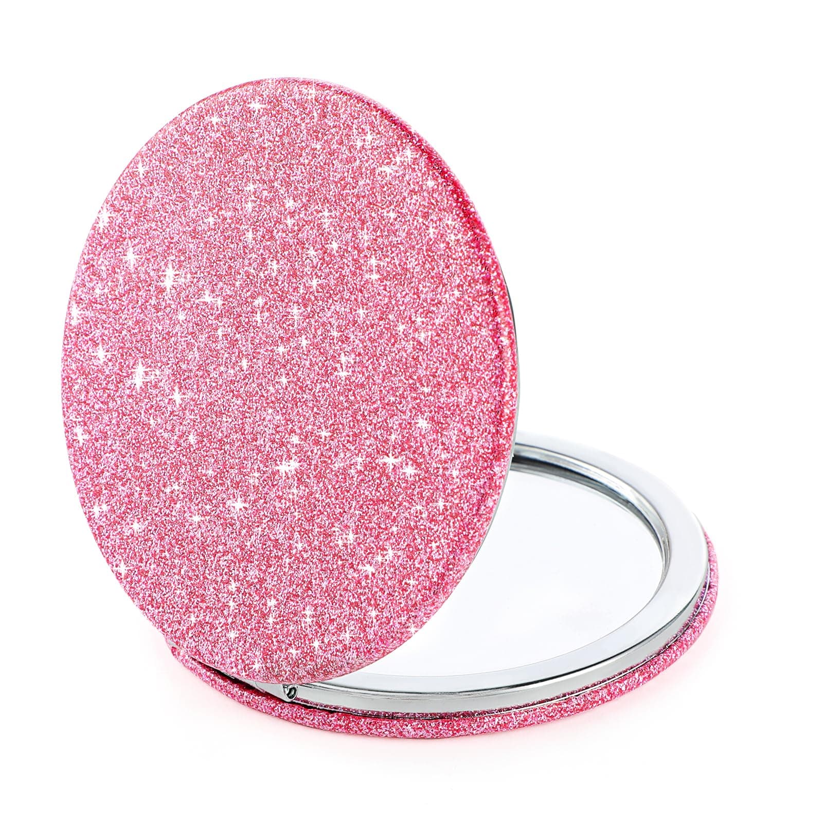 Small Glitter Compact Mirror, Folding Pocket Makeup Mirror Handheld 2-Sided 1x/2x Magnifying Cute Cosmetic Mirror Round PU Leather Mirror for Women Girls Travel(pink)