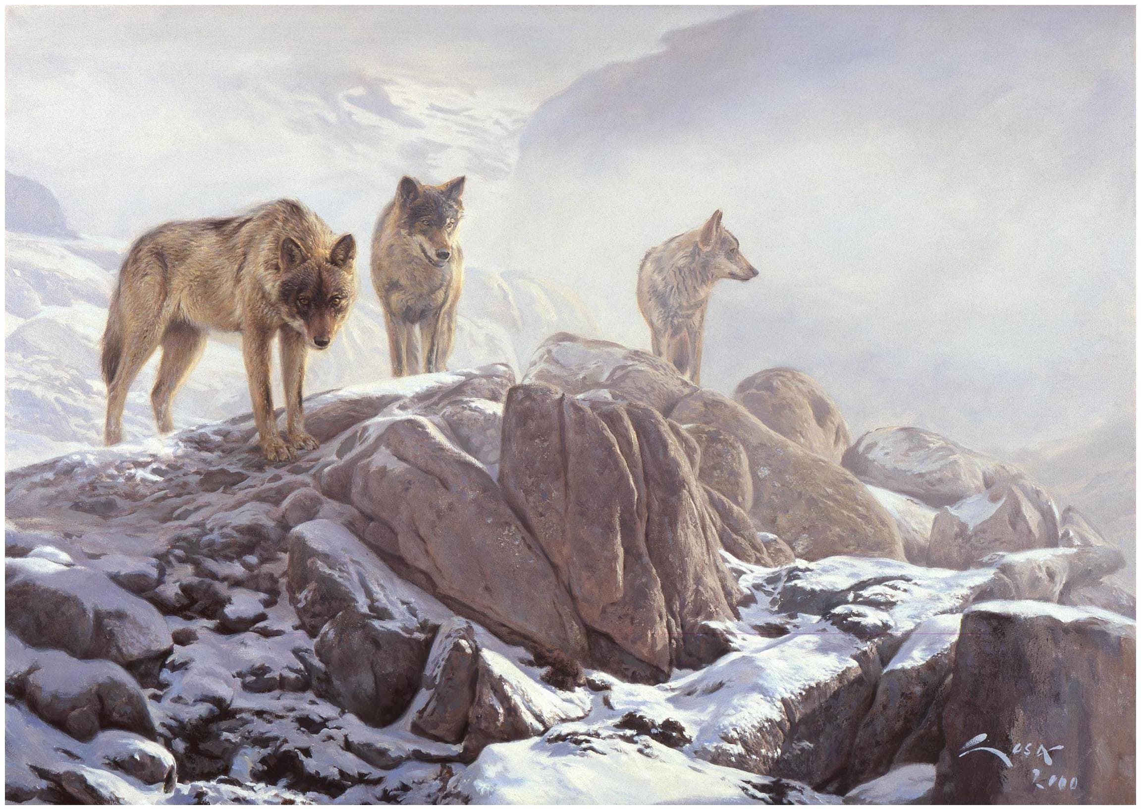 Wolves Fine print on canvas "Wolves Herd in the Mist" Wolf painting. 50 x 35,3 cms.