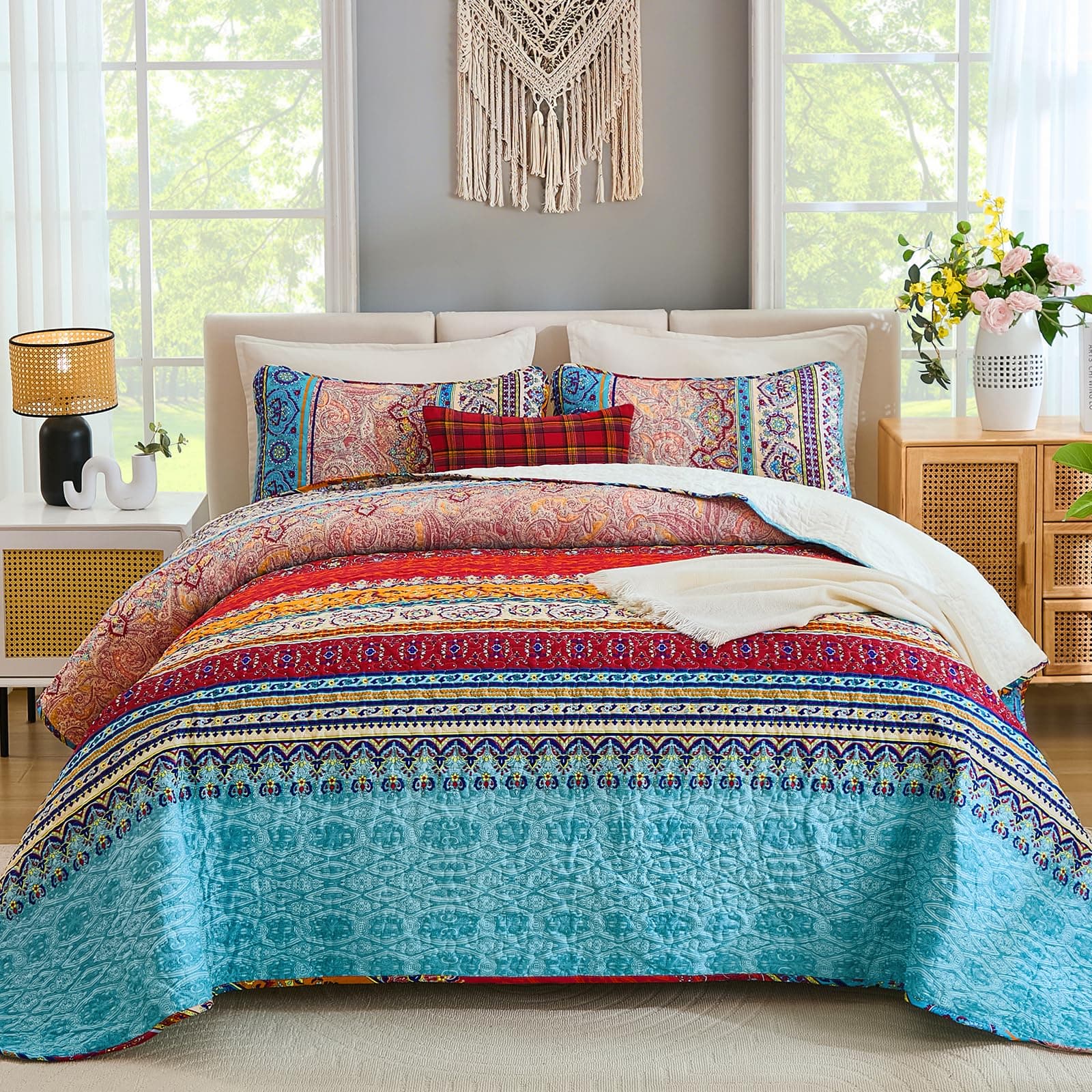 WONGS BEDDING Bohemian Quilt Set Queen Size, Boho Striped Pattern Bedspread Set for All Season, Microfiber Lightweight Coverlet Bedding Set 96"x90"(3 Pieces, Colorful)