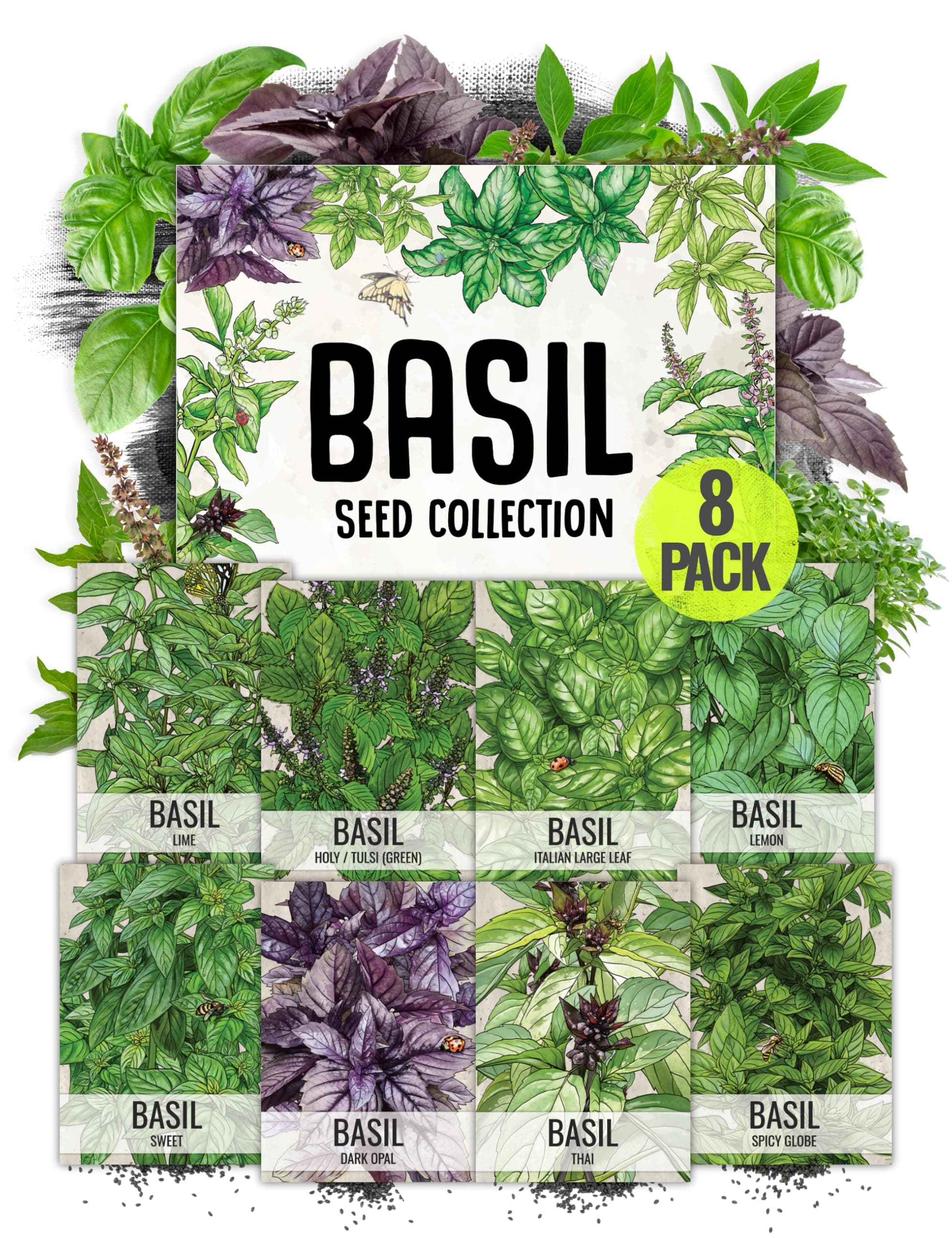 Culinary Basil Herb Seed Packet Collection (8 Individual Basil Seed Varieties for Planting) Non-GMO & Untreated