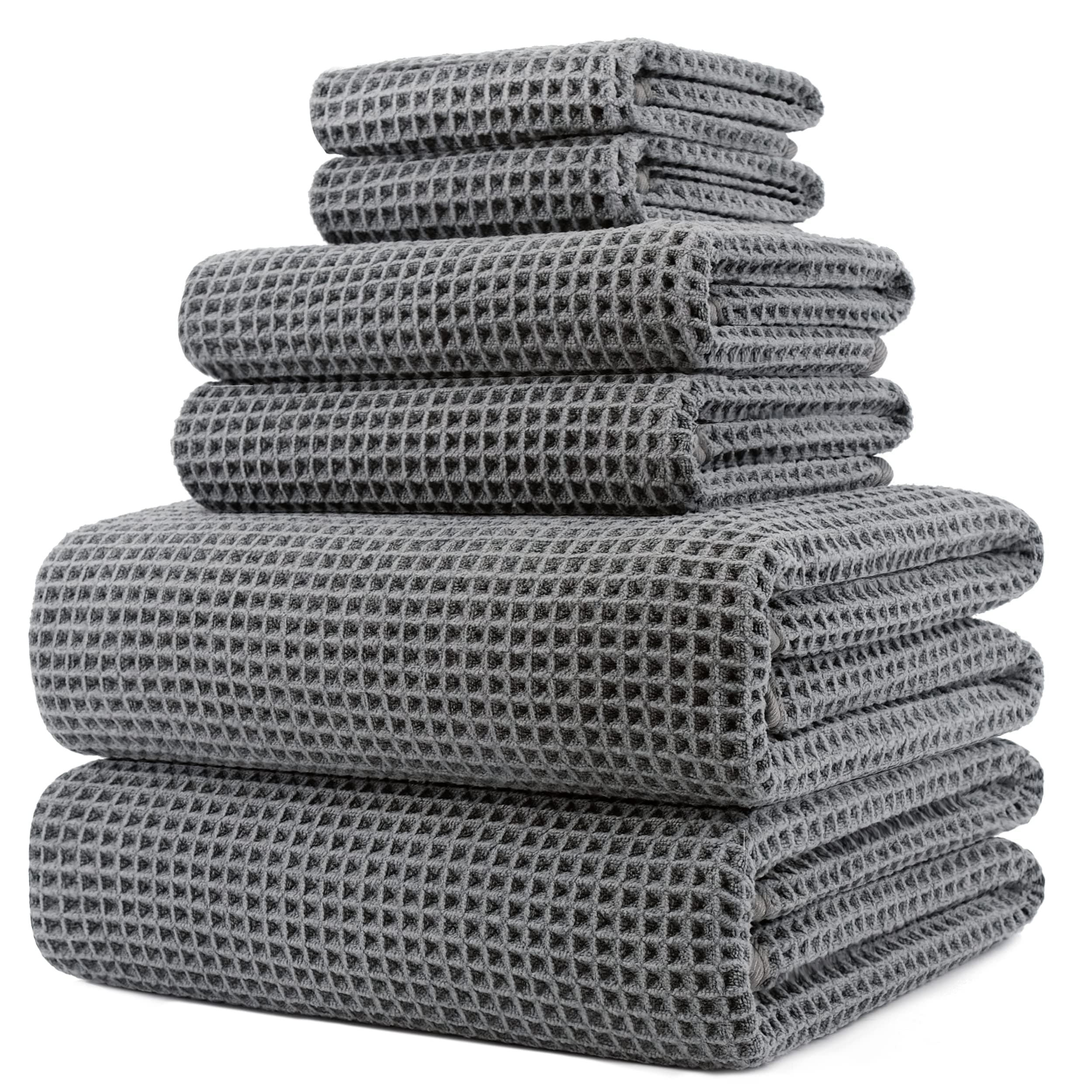 430 gsm Microfibre Quick Dry Lint Free Oversize Bath Towel Set, 6 Piece (Beige, Waffle Weave)