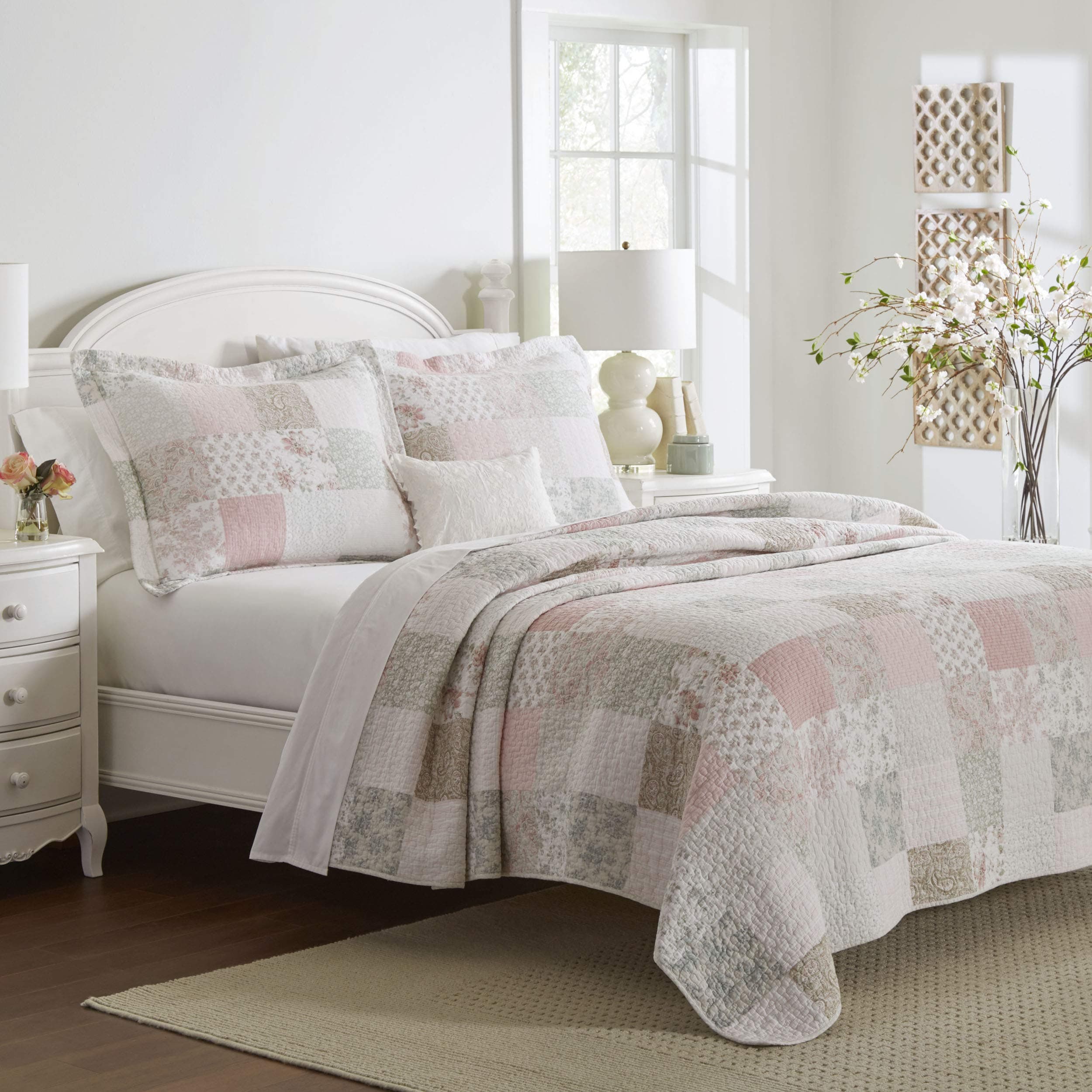 Laura Ashley - King Quilt Set, Reversible Cotton Bedding with Matching Shams, Patchwork Inspired Home Decor (Celina Patchwork Pink/Sage, King)