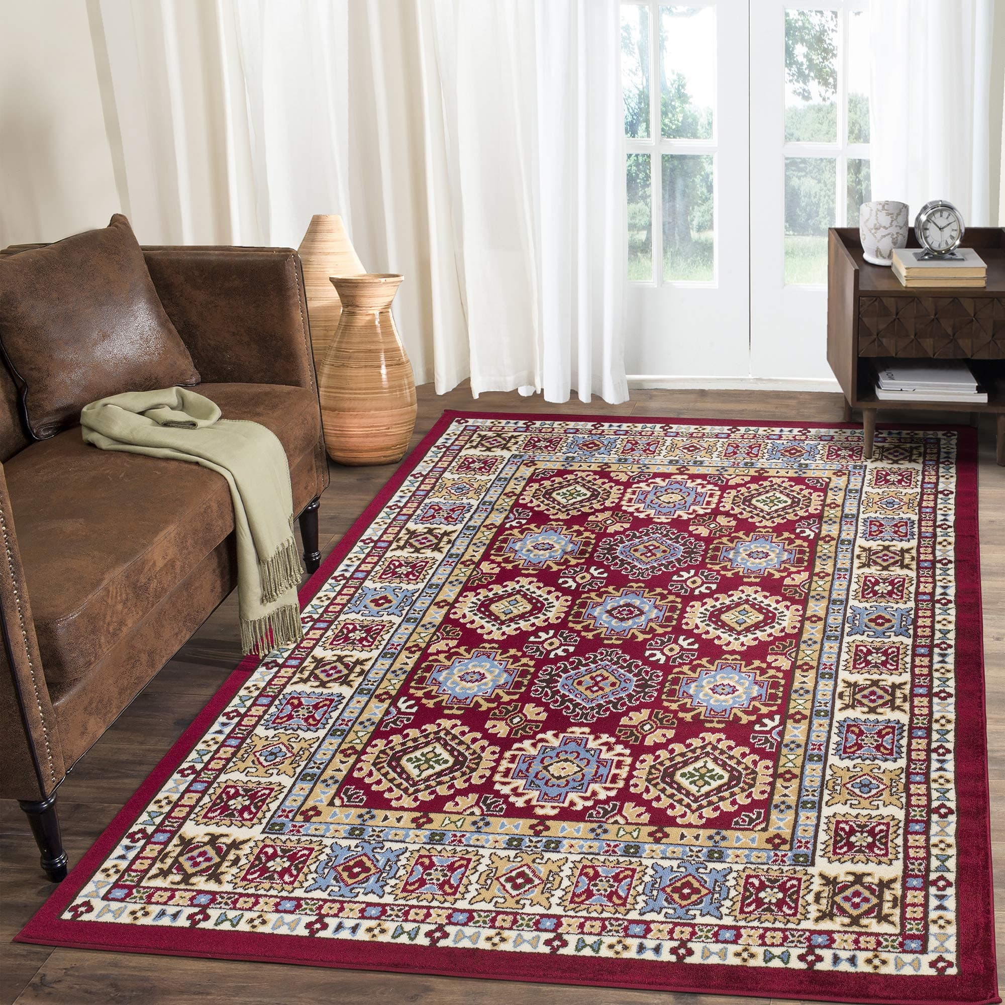 A2Z Rug|Qashqai 5577 Transitional Multi Medallion Boho Red Pattern|Bedroom Nursery Study Room Area Rug|Soft Short Pile|80x150cm - 2'7"x4'11"ft|Farmhouse Small Area Carpet