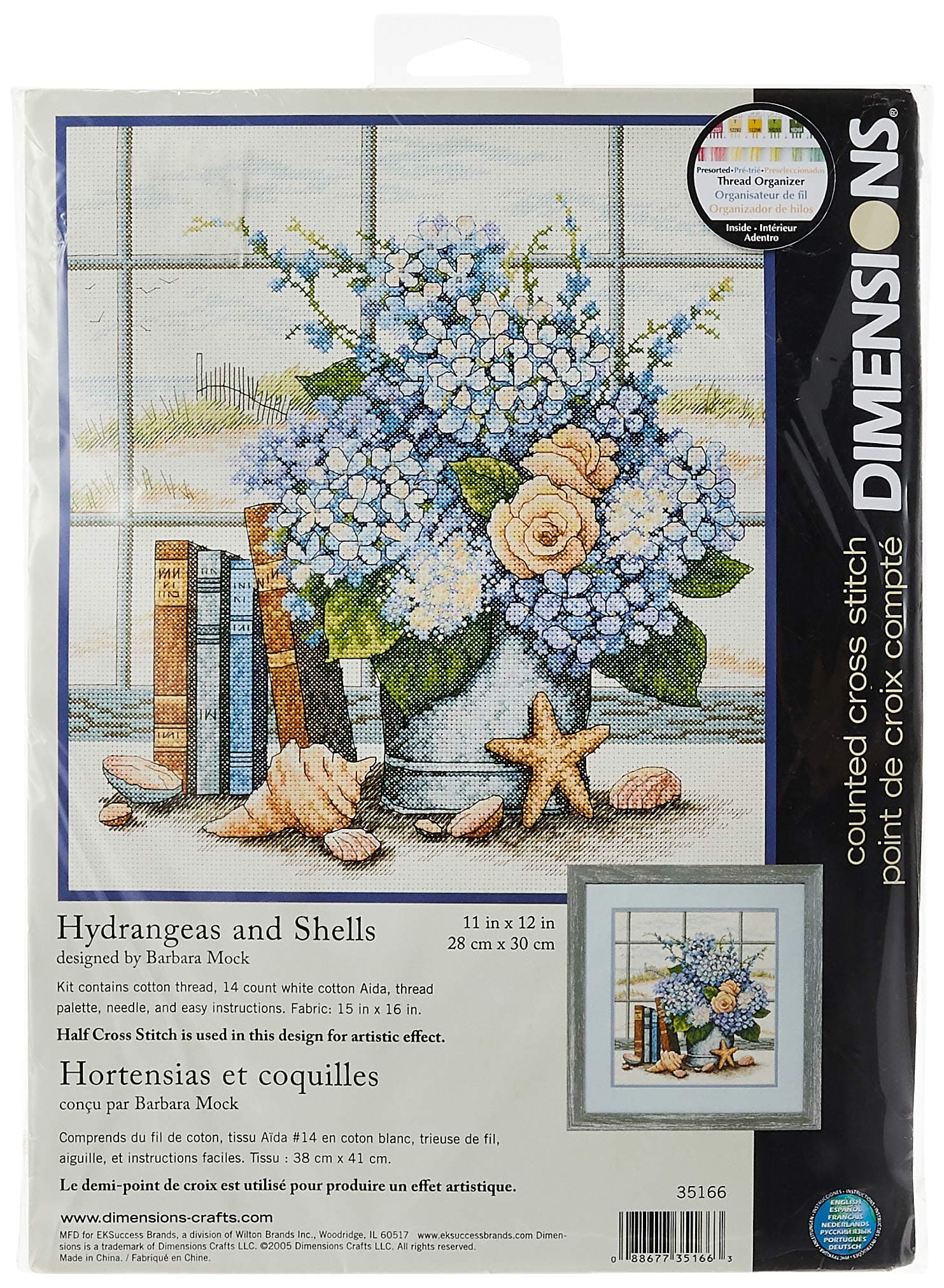 Dimensions 'hydrangeas and sea shells' counted cross stitch kit, 14 count white aida, 11 x 12