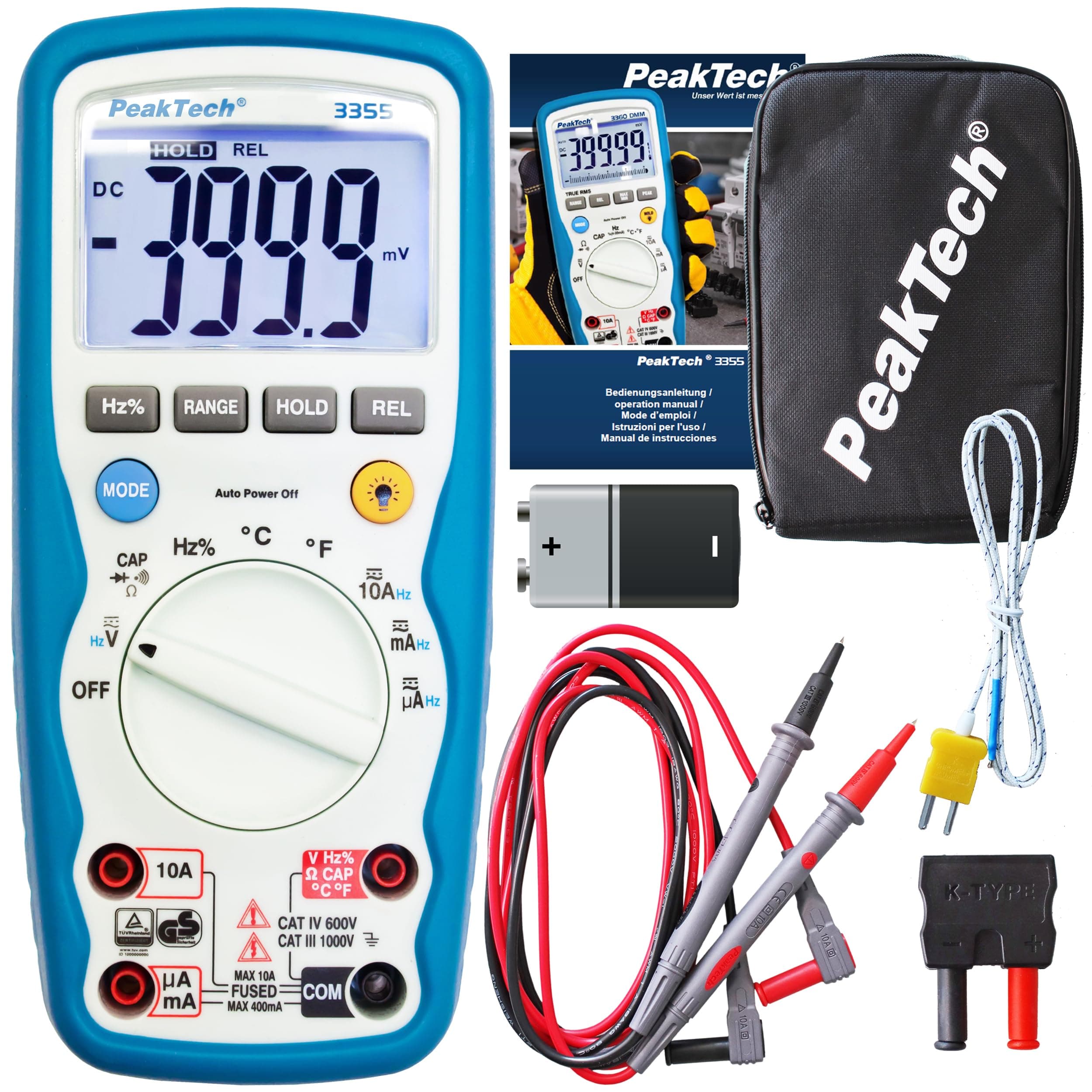 PeakTech 3355 - Digital Multimeter, Waterproof (IP67), LCD Display, 4000 Counts, Handheld Multimeter, Autorange, REL-Data Hold, Voltmeter, Continuity Ttester, Measuring Device - CAT III 1000 V