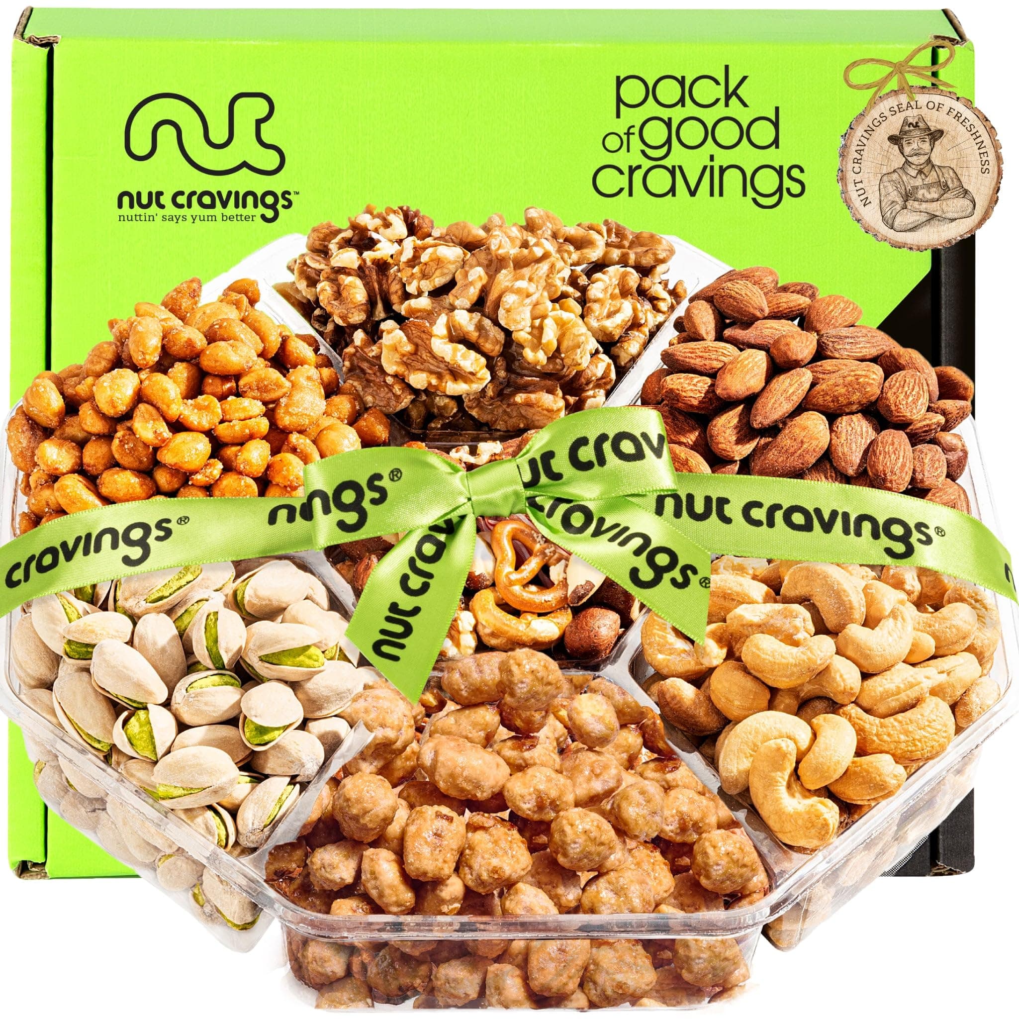 NUT CRAVINGS - Easter Mixed Nuts Gift Basket + Green Ribbon (7 Assortments, 1 LB) Treats for Adults, Food Arrangement, Healthy Snack Care Package, Kosher