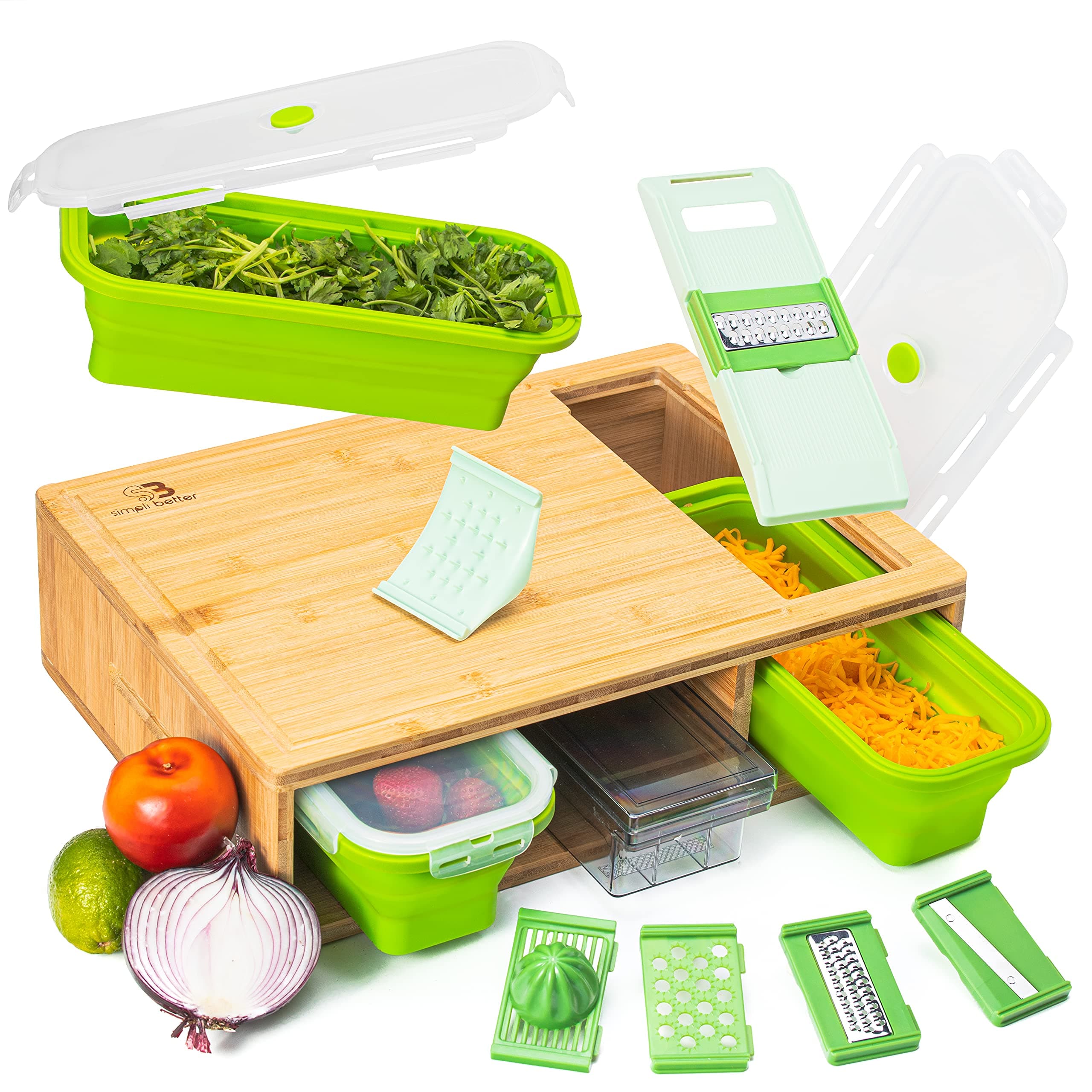 Bamboo Cutting Board with Trays and LIDS. Multi-Functional: 4 Draws can be Used as PREP Dishes or for Storage. Design with Juice Grooves, Handles, and a Large Opening to EFFICIENTLY Slide Food into!