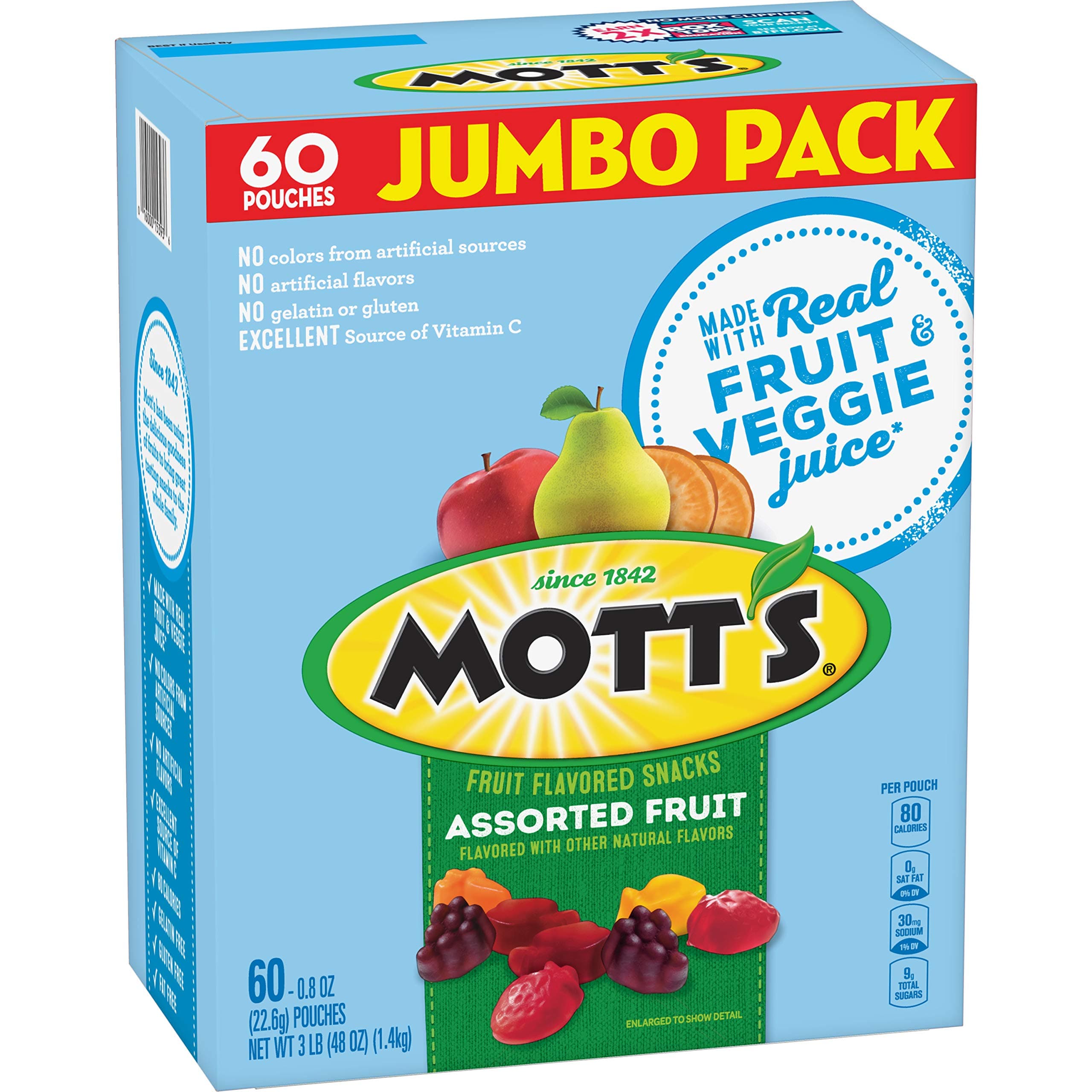 Mott's Fruit Flavored Snacks Assorted Fruit, 0.8 oz, 60 ct