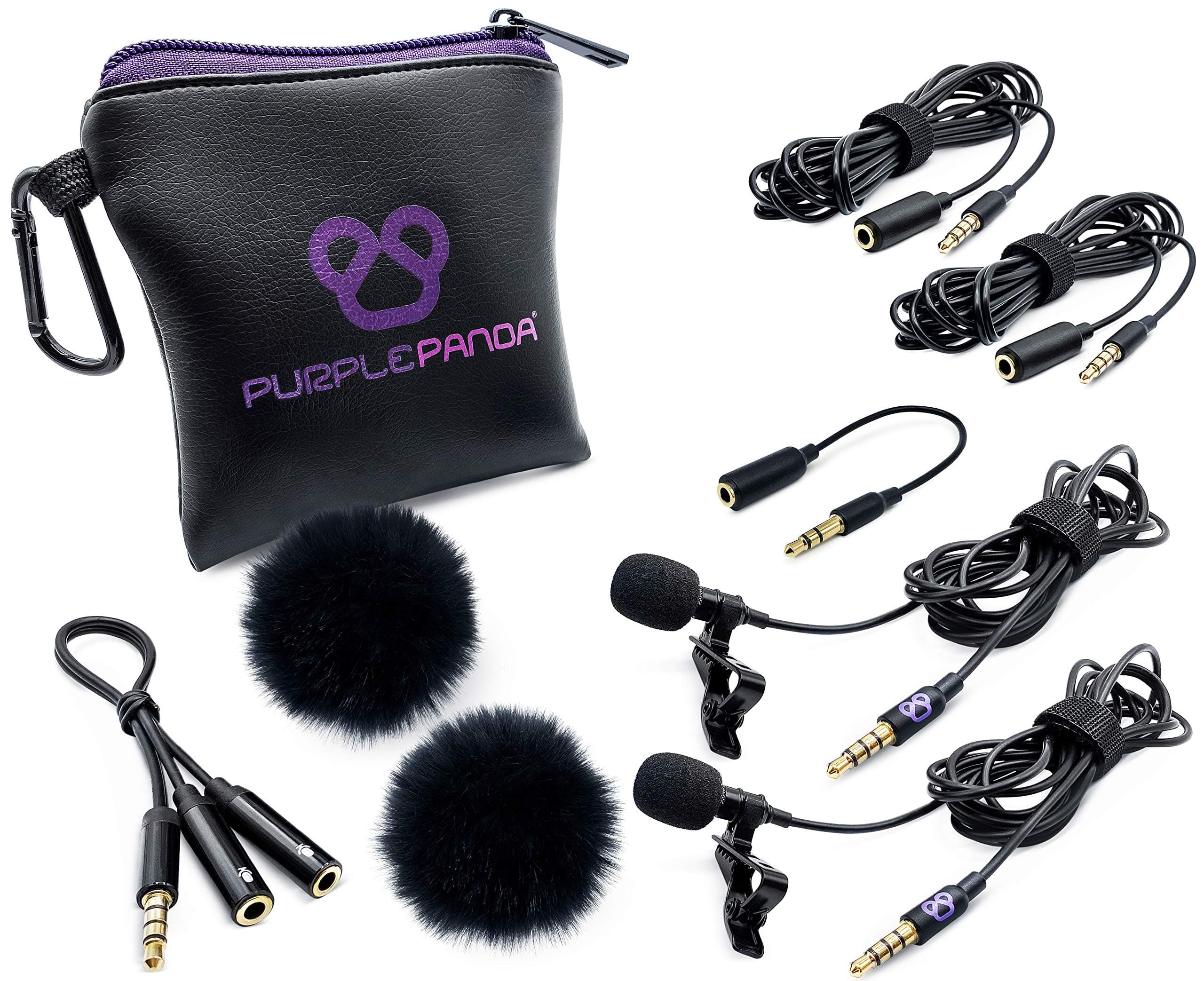 Purple Panda Lavalier Microphone Wired Set (2 Pack)– Compatible with GoPro, Android Smartphone, iPhone, DSLR Camera - Ideal for Motovlogging, Content Creators, Travel, Interview, Sports & Filming