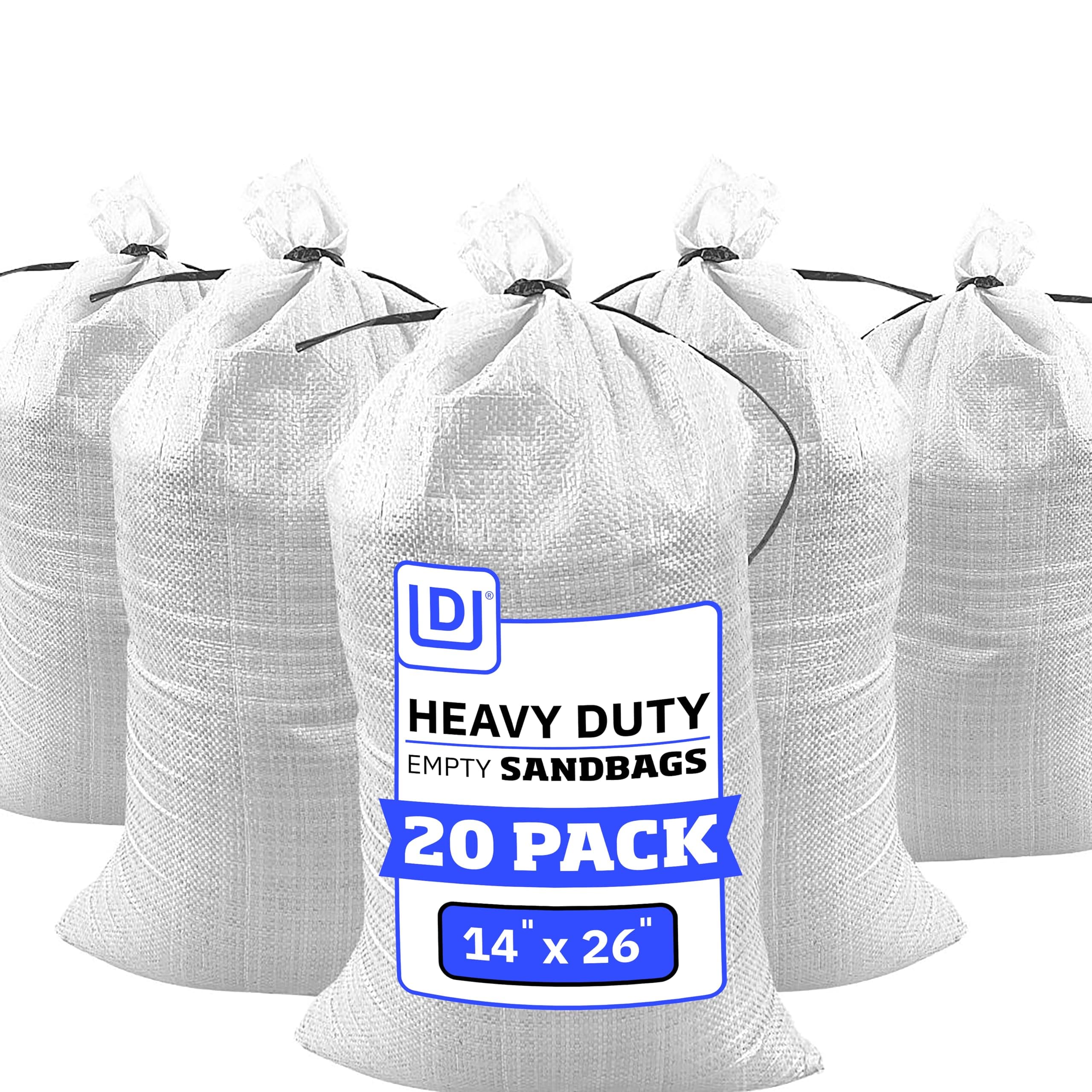 DURASACK Heavy Duty Sandbags with Tie String Empty Woven Polypropylene Sandbags for Flood Protection, 1600 Hours UV Protection, 50 lbs Capacity, 14 x 26 Inches, White, 20 Pack
