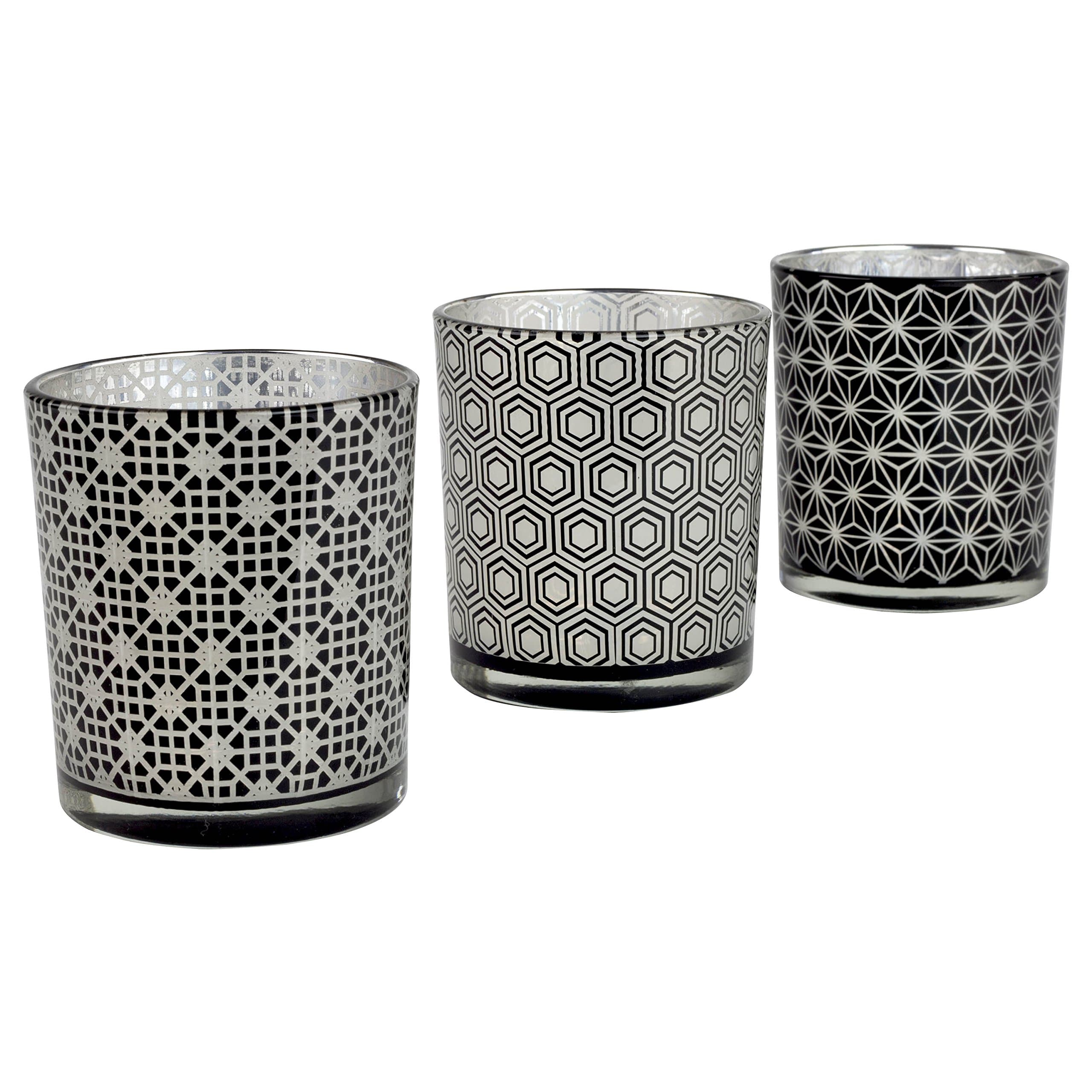 Retro Black Geometric Pattern Glass Tea Light Candle Holders (Set of 3)