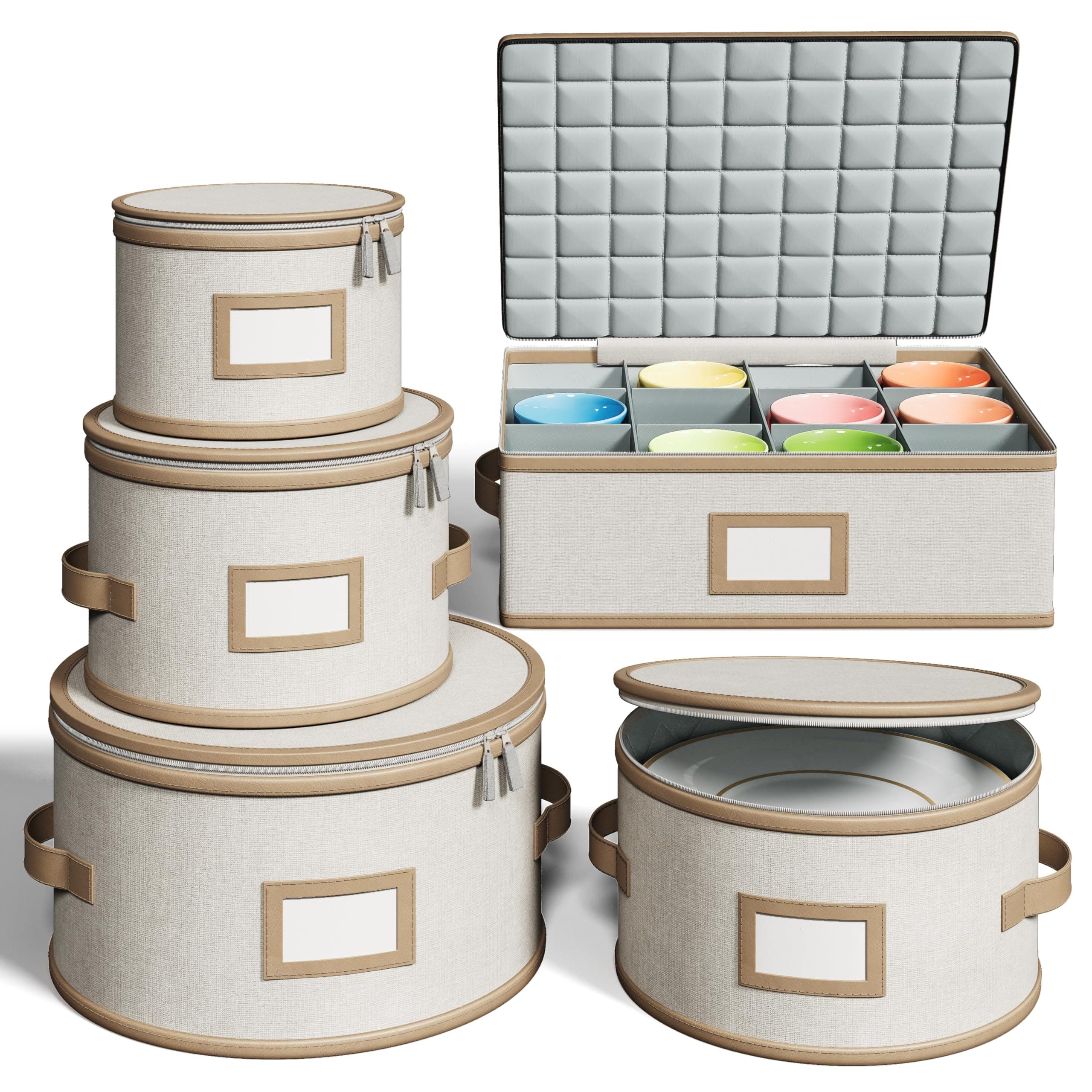 Hard Shell China Storage Containers – 5 Piece Set for Storing Dinner Plates, Salad Plates, Mugs, Quilted Dividers for Safe Moving and Seasonal Storage, Beige