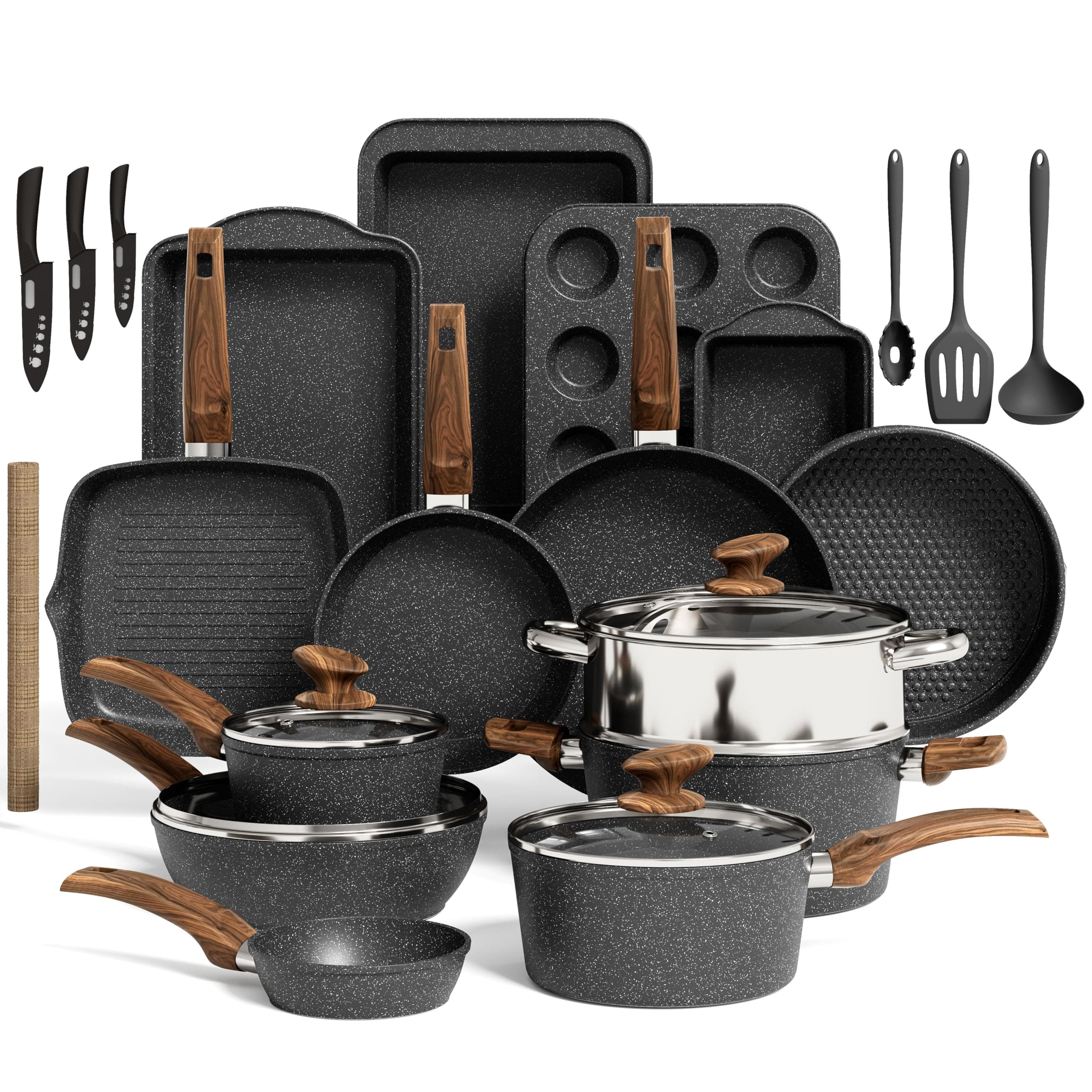 Bakeware and Cookware Set - 30 Piece Induction Hob Pans and Pots Set Non Stick, Black Granite Cooking Saucepan Set PFOA & PFOS Free