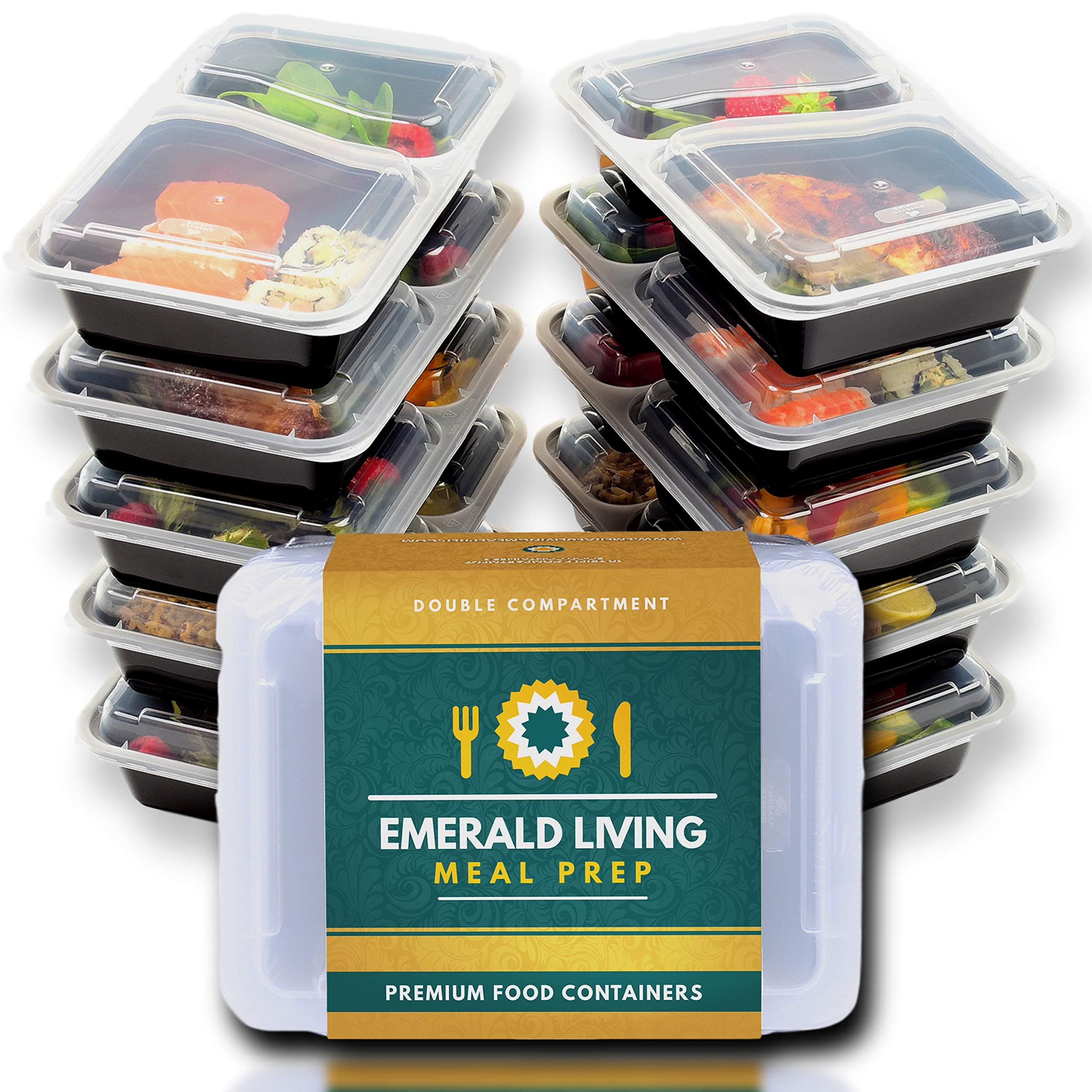 Emerald Living Premium 2 Compartment Meal Prep Container Set. 10 Pack of BPA Free Plastic Food Containers with Lids. Food Prep Boxes with Bonus Ebook Included. 0.8L