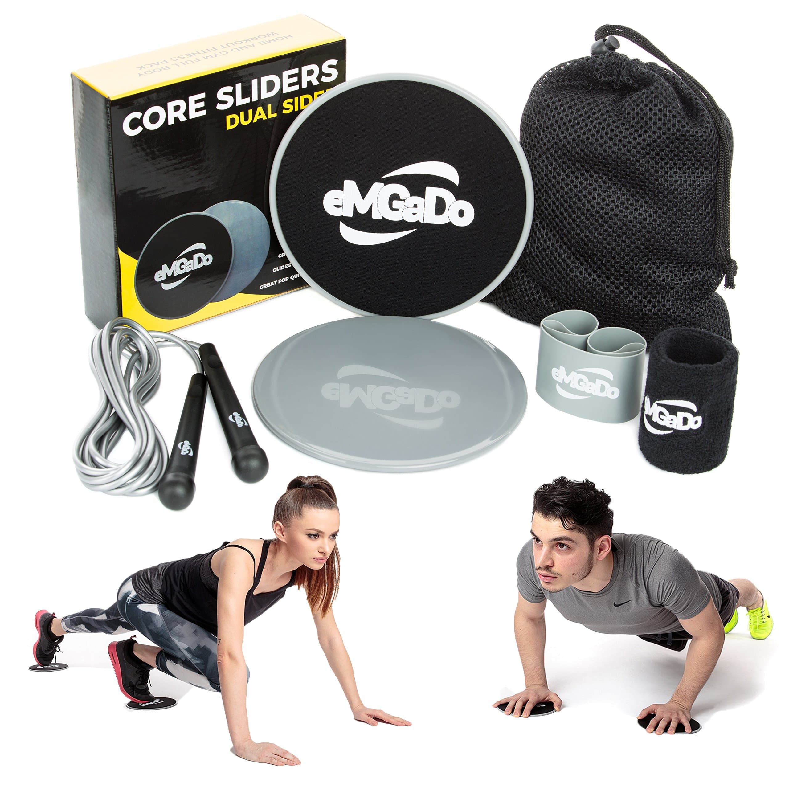eMGaDo Core Exercise Sliders-Workout Equipment: 2 Dual Sided Gliding Discs + Light Resistance Band, Jump Rope, Wristband, Mesh Bag & eBook