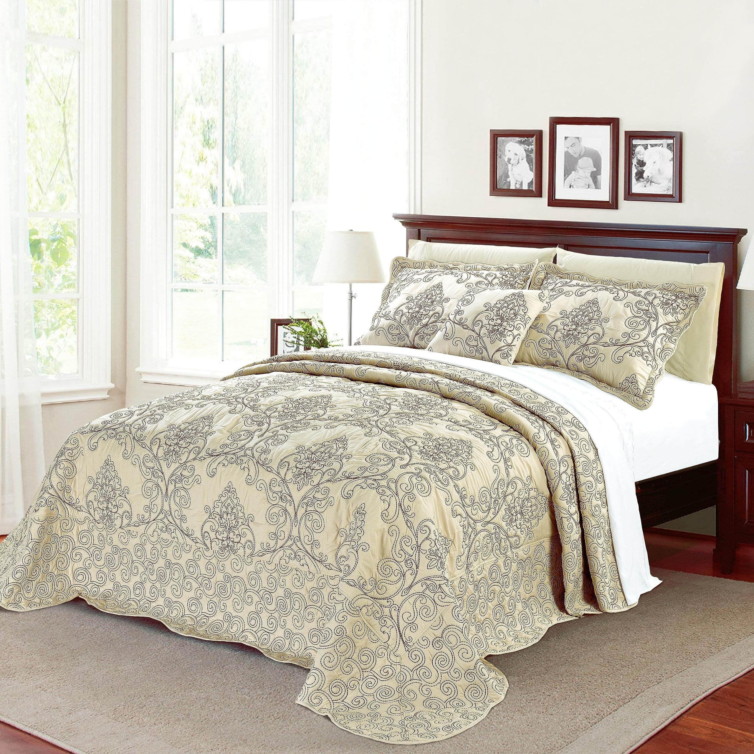 Home Soft Things Damask 4 Piece Bedspread Set, Scalloped Edge Reversible Quilt Coverlet Comforter Prewashed Bedding Set, Matelasse Embossed Floral Solid Pattern,Beige Oversize Queen(110" x 120")